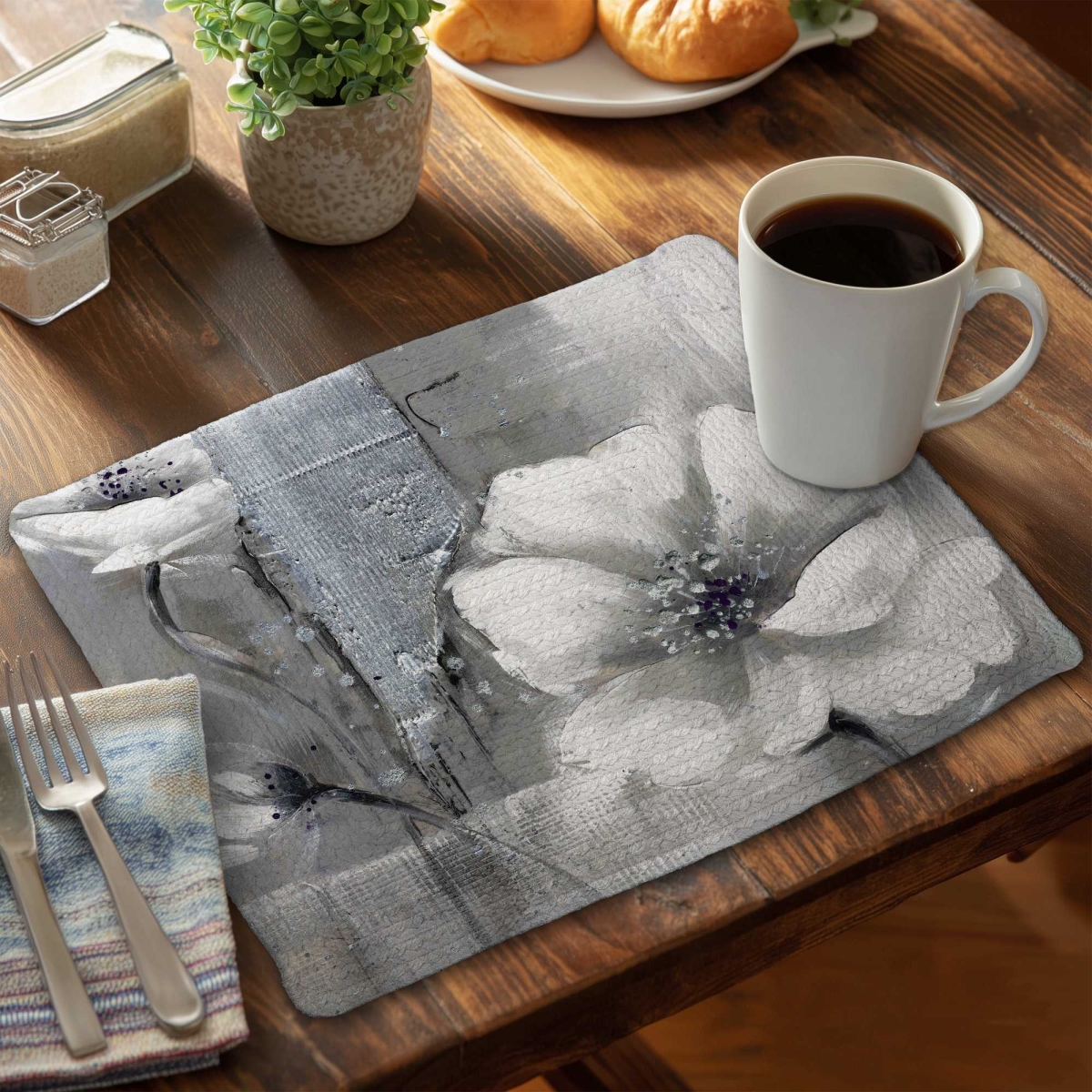 Picture of Begin Home Decor C4BP1418Y6EIAA 14 x 18 in. Monochrome & Silver Flowers Braided Polyester Placemat - Set of 4