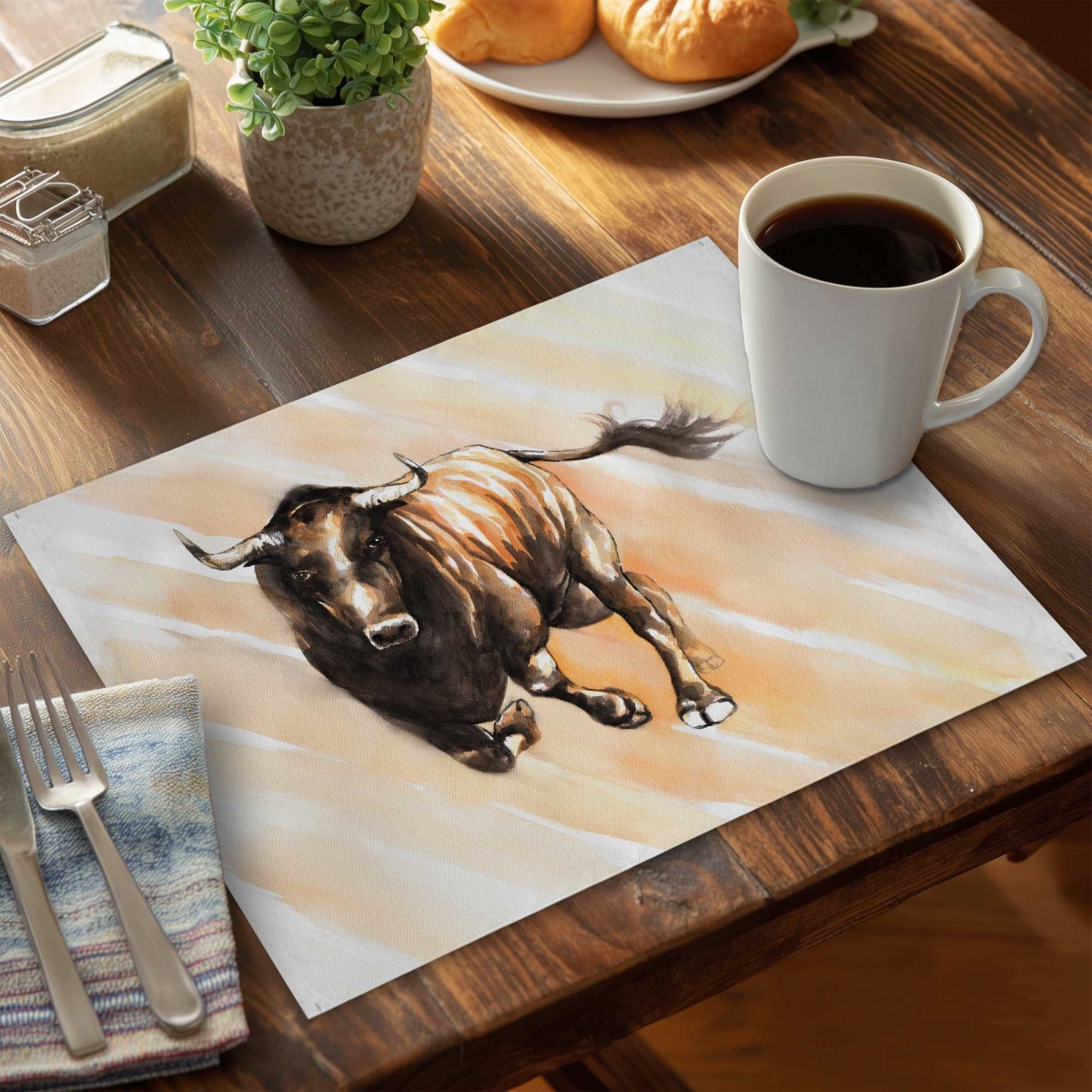 Picture of Begin Home Decor C4PP14189CLTD5 14 x 18 in. Bull Running Watercolor Polyester Placemat - Home Decor - Set of 4