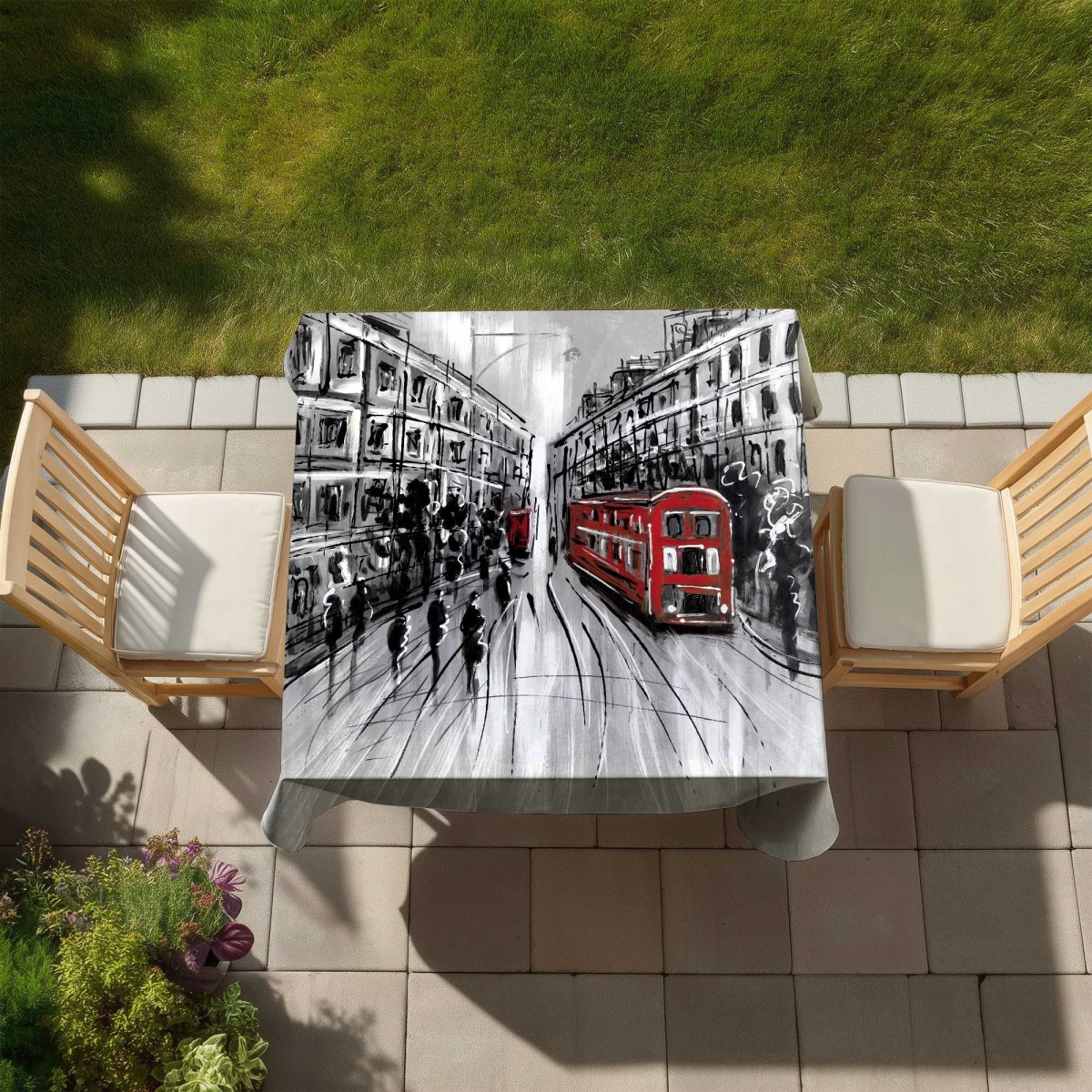 Picture of Begin Home Decor C1TC5858IIWG5L 58 x 58 in. Black & White Street with Red Bus Tablecloth - Contemporary Gray