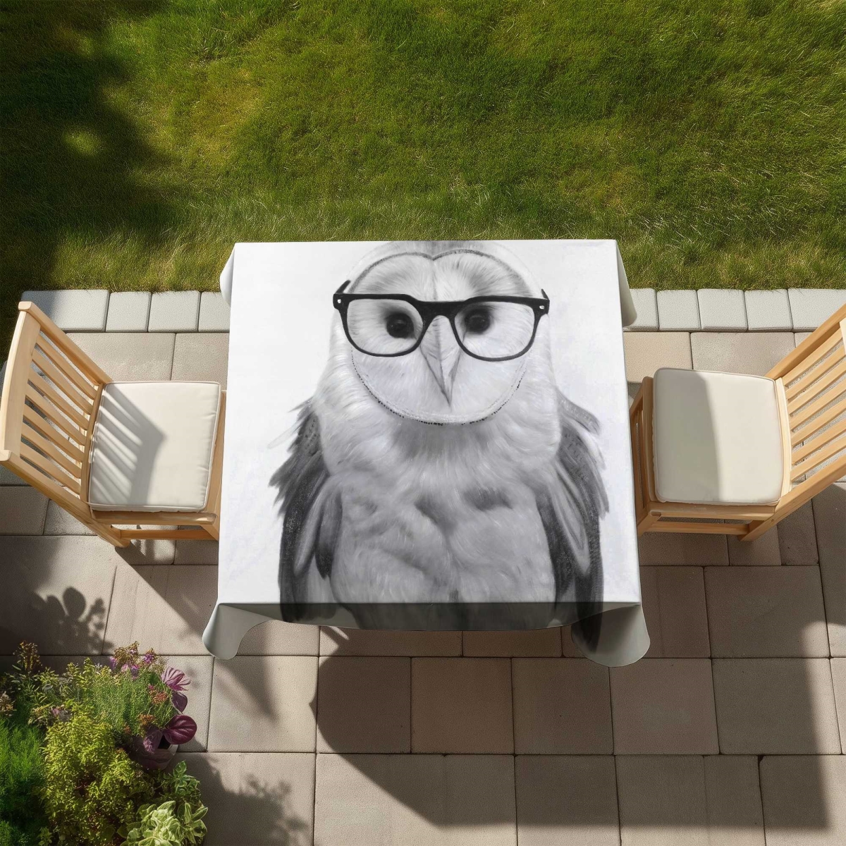 Picture of Begin Home Decor C1TC5858KF6Y6B 58 x 58 in. Realistic Barn Owl with Glasses - Monochrome Tablecloth