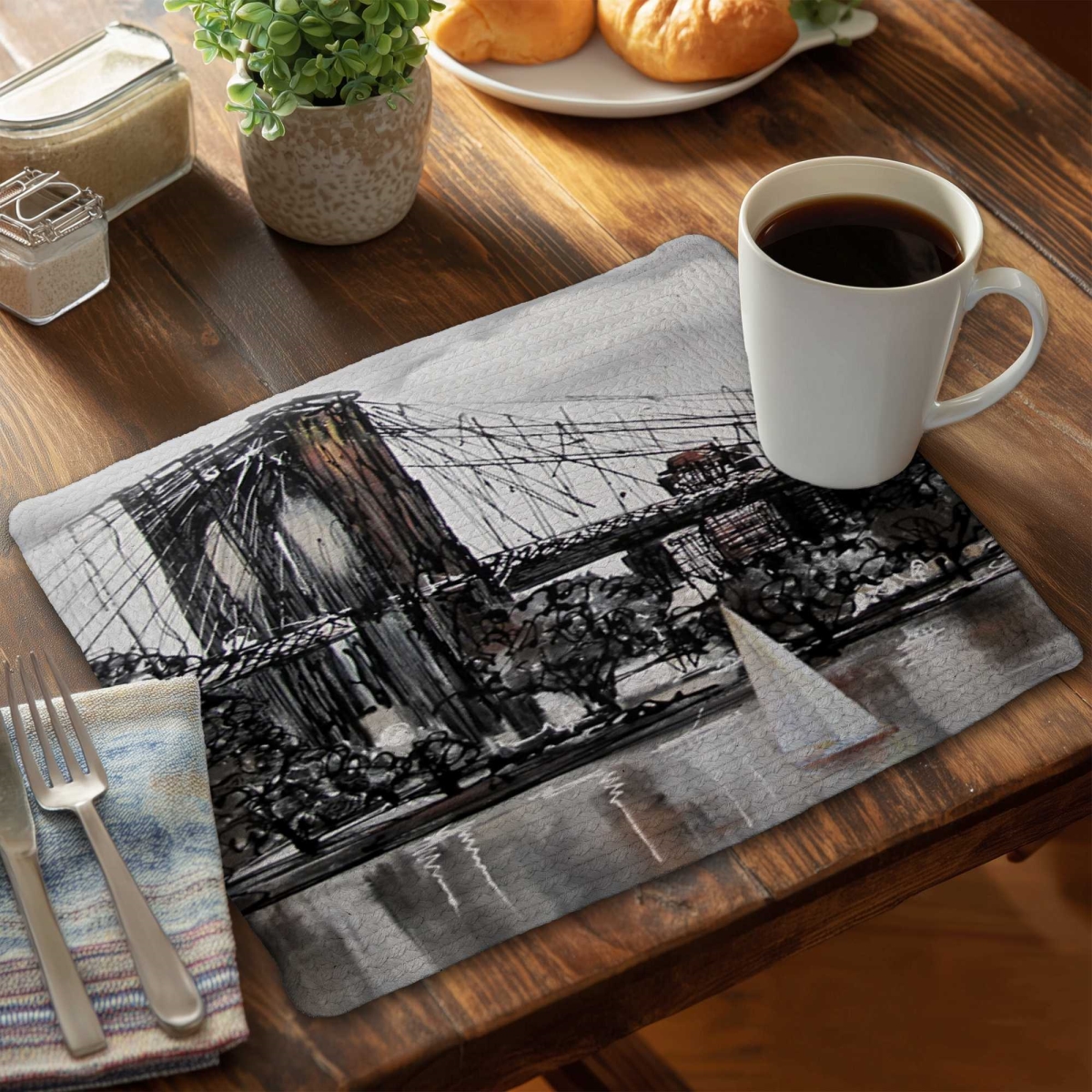 Picture of Begin Home Decor C4BP1418453853 14 x 18 in. Brooklyn Bridge with Boats Braided Polyester Placemat - Set of 4