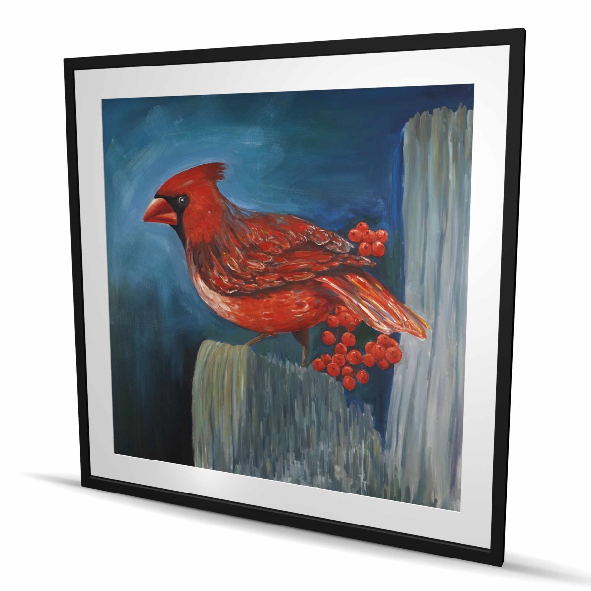 C1FM4848426UU2 48 x 48 in. Redbreast Bird On A Branch Wall Art - Blue Framed Matted Print Decor