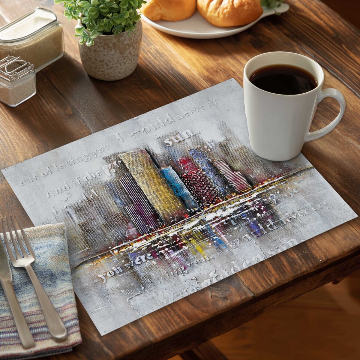 Picture of Begin Home Decor C4PP1418EGHHZ4 14 x 18 in. Buildings with Typography in Relief - Polyester Placemat - Set of 4