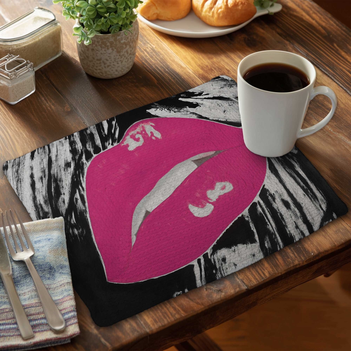 Picture of Begin Home Decor C6BP14184MI2X0 14 x 18 in. Kissable Pink Glossy Lips Braided Polyester Placemat - Decor - Set of 6