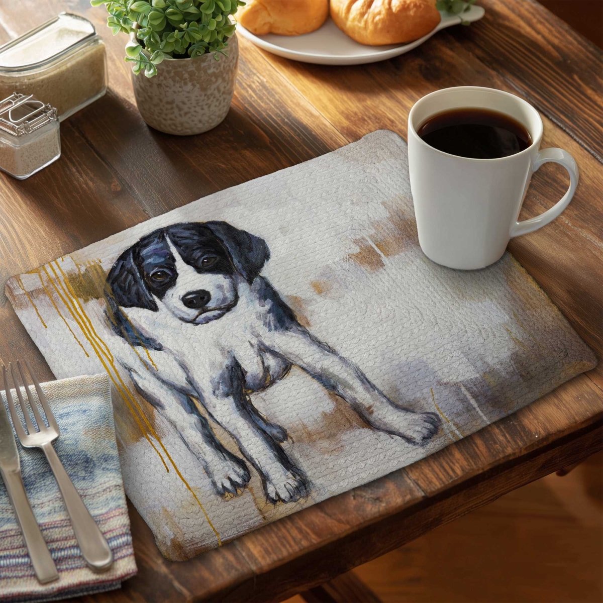 Picture of Begin Home Decor C4BP1418DR6V5E 14 x 18 in. Curious Puppy Dog Braided Polyester Placemat for Home Decor - Set of 4