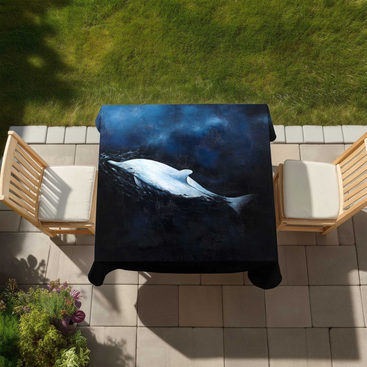Picture of Begin Home Decor C1TC58584KWH5T 58 x 58 in. Swimming Dolphin Tablecloth - Blue Waves Indoor & Outdoor