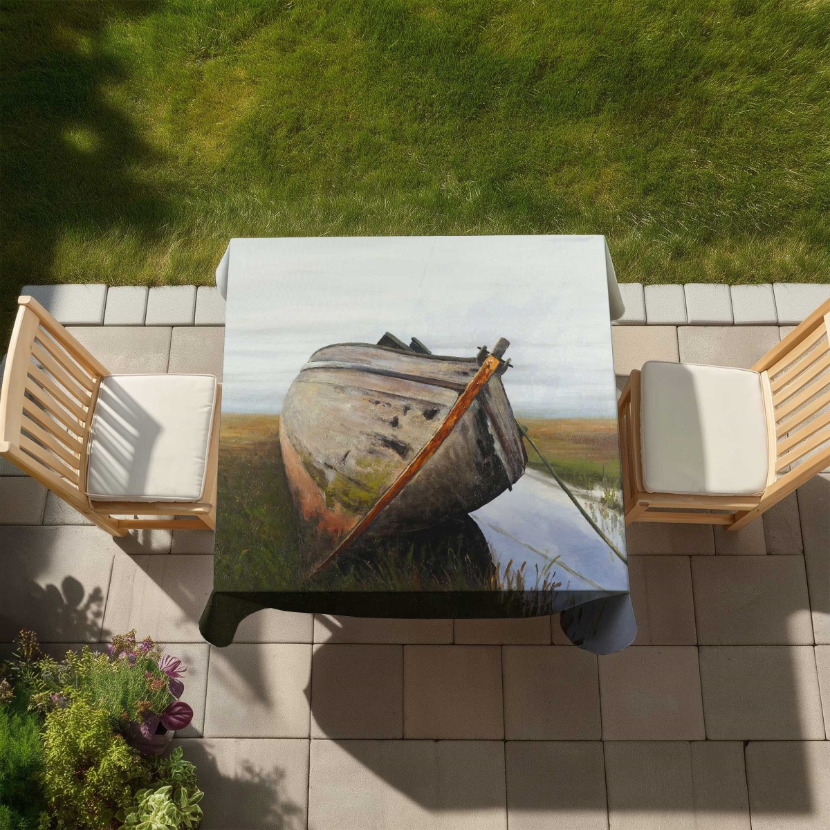 Picture of Begin Home Decor C1TC5858BEFCSM 58 x 58 in. Old Abandoned Boat in A Swamp Tablecloth - Boat Green Decor