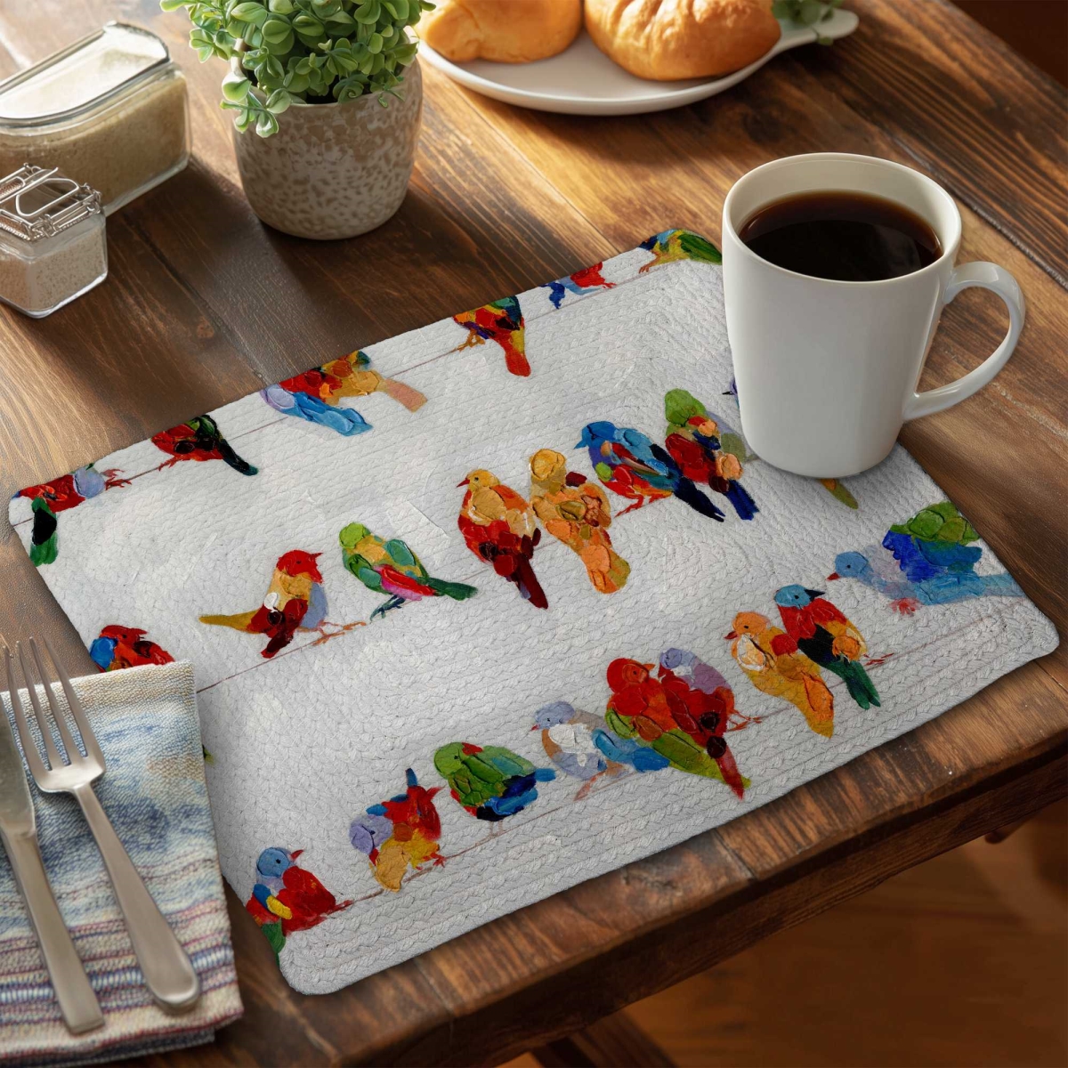 Picture of Begin Home Decor C4BP141804XOT1 14 x 18 in. Colorful Birds on a Wire Braided Polyester Placemat - Decor - Set of 4