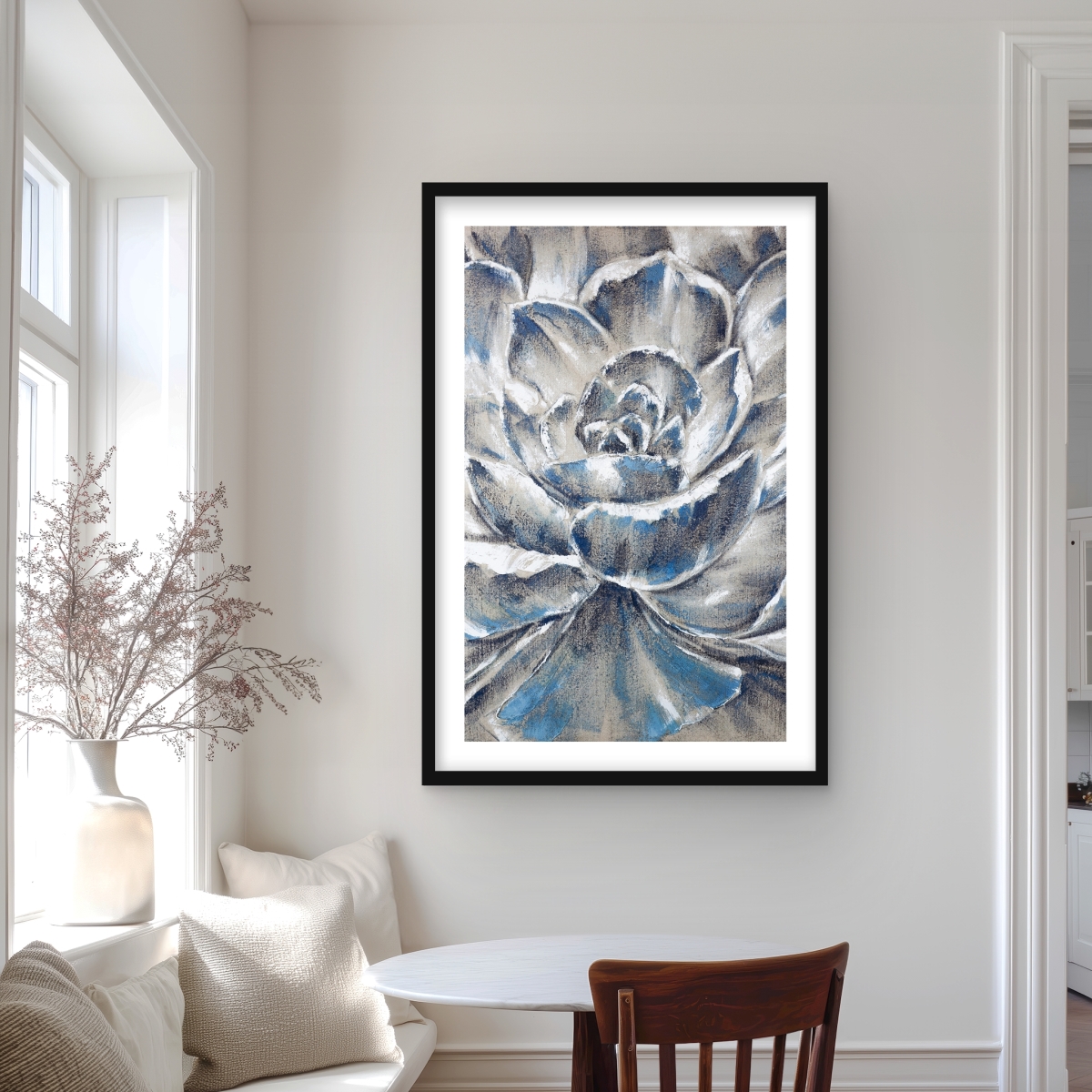C1FM24368M2G9T 24 x 36 in. Gray & Blue Flower - Contemporary Framed Matted Print