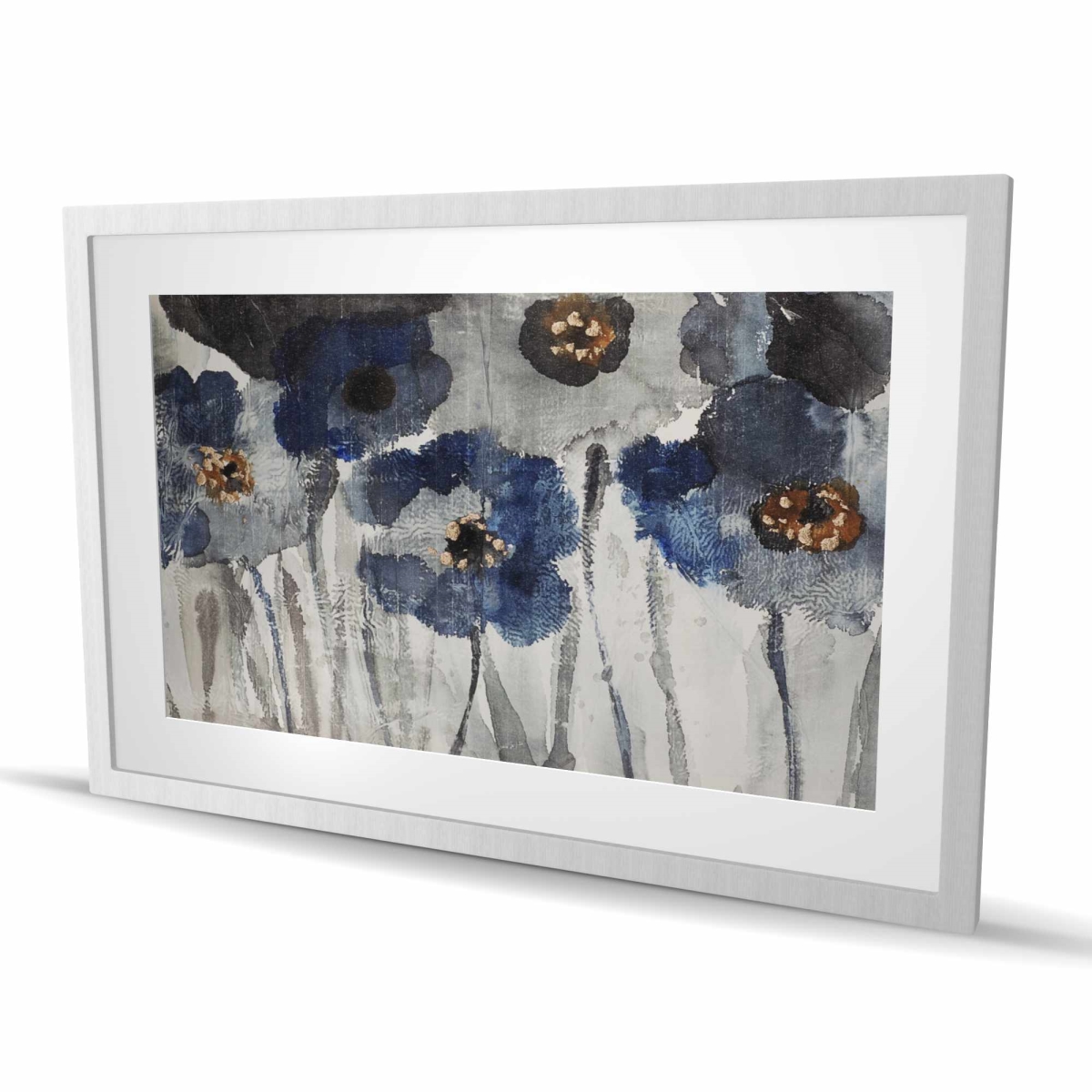 C1FM2436GEU3H0 24 x 36 in. Blue Blurry Flowers - Contemporary Floral Framed Print Decor