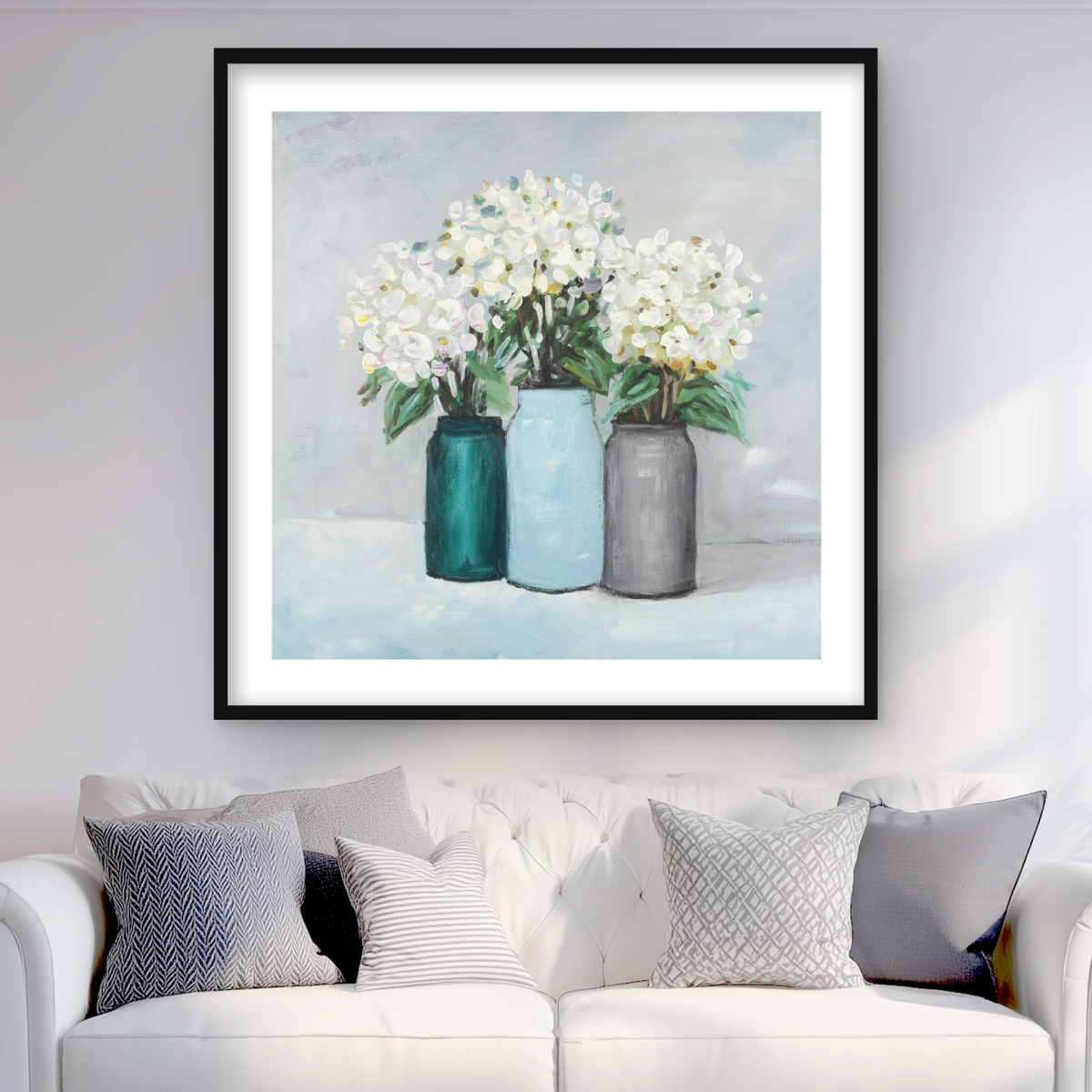 C1FM3636235F2L 36 x 36 in. Hydrangea Flowers in Blue Vases - Framed Matted Print Decor