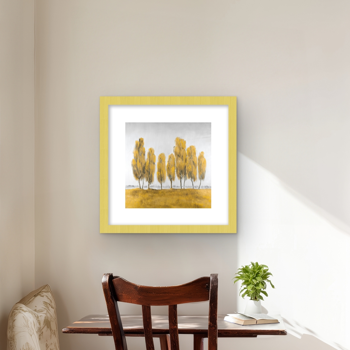 C1FM16161NPYAJ 16 x 16 in. Seven Abstract Yellow Trees - Modern Landscapes Framed Print