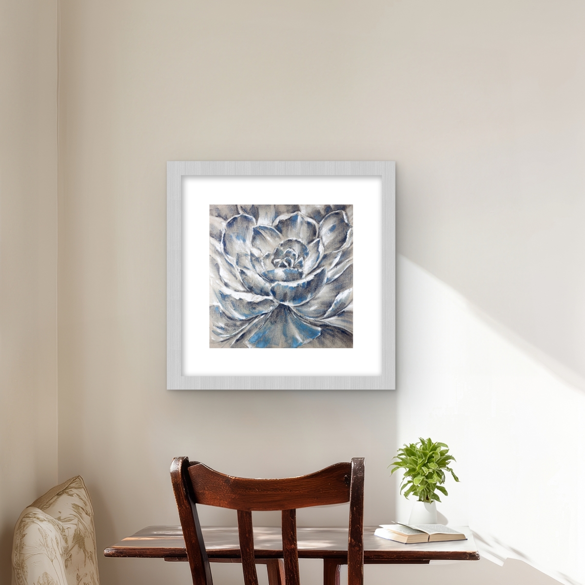 C1FM1616EN05UK 16 x 16 in. Gray & Blue Flower - Floral Framed Print for Home Decor