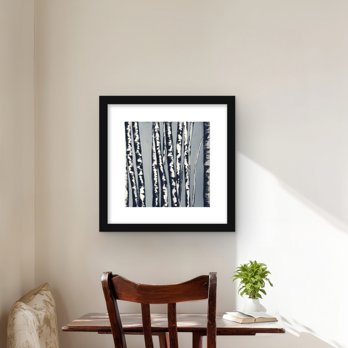 C1FM16162TN33R 16 x 16 in. Abstract Birch Forest - Blue Botanical Framed Matted Print
