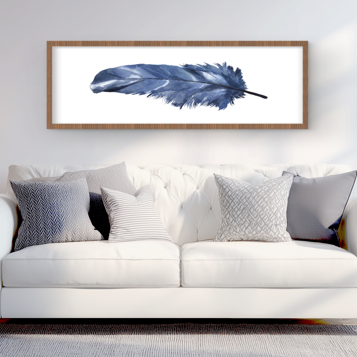 C1FM1648IOBX70 16 x 48 in. Blue Feather - Framed Matted Print for Home Decor - Animals