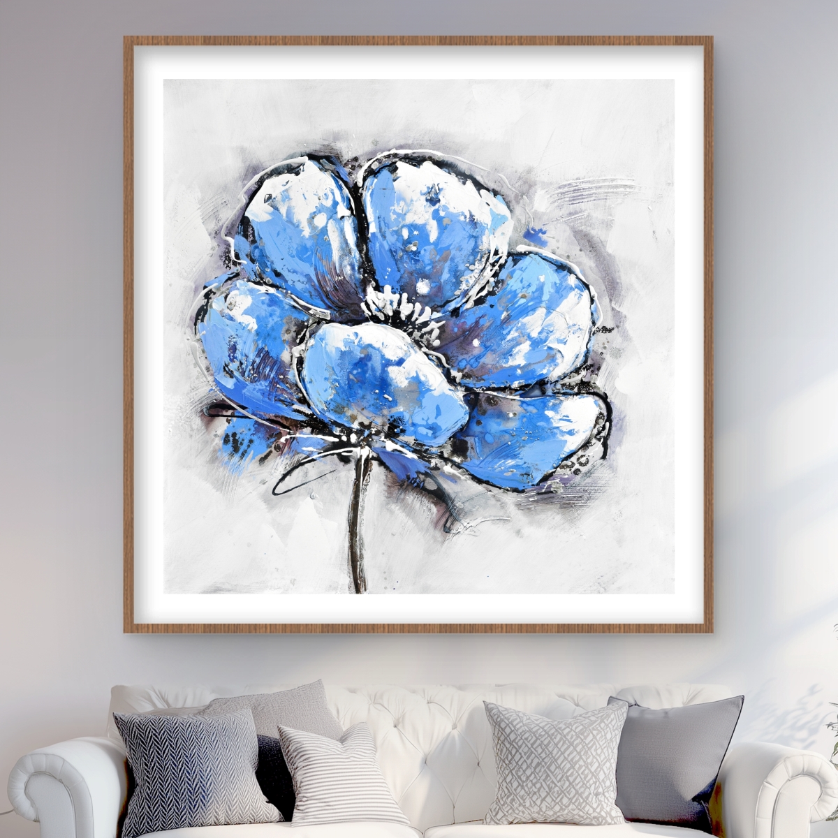 C1FM4848OSWJ28 48 x 48 in. Abstract Blue Petals - Botanical Contemporary Framed Print