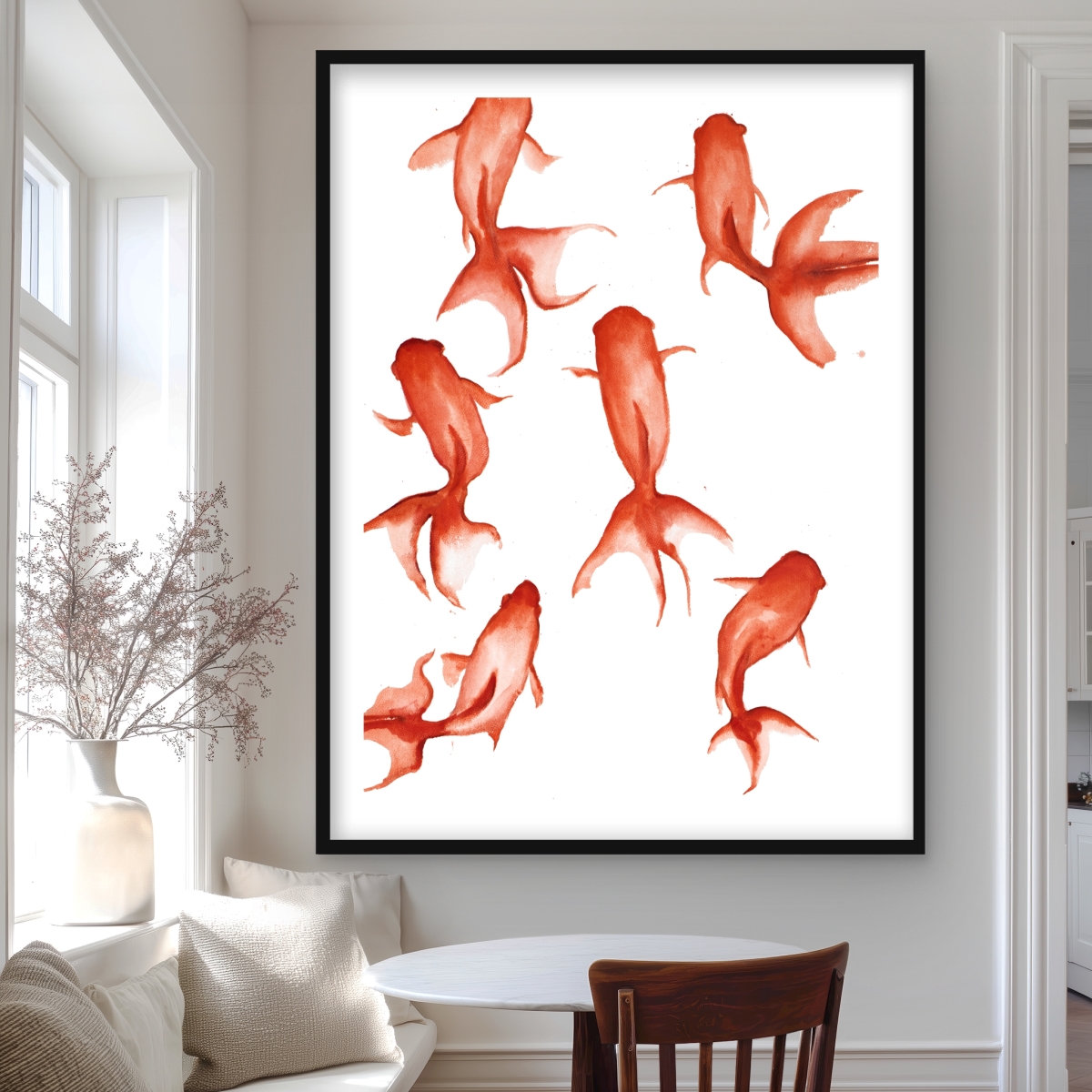 C1FM36488QX7ZZ 36 x 48 in. Small Red Fishes - Bathroom Coastal Framed Matted Print