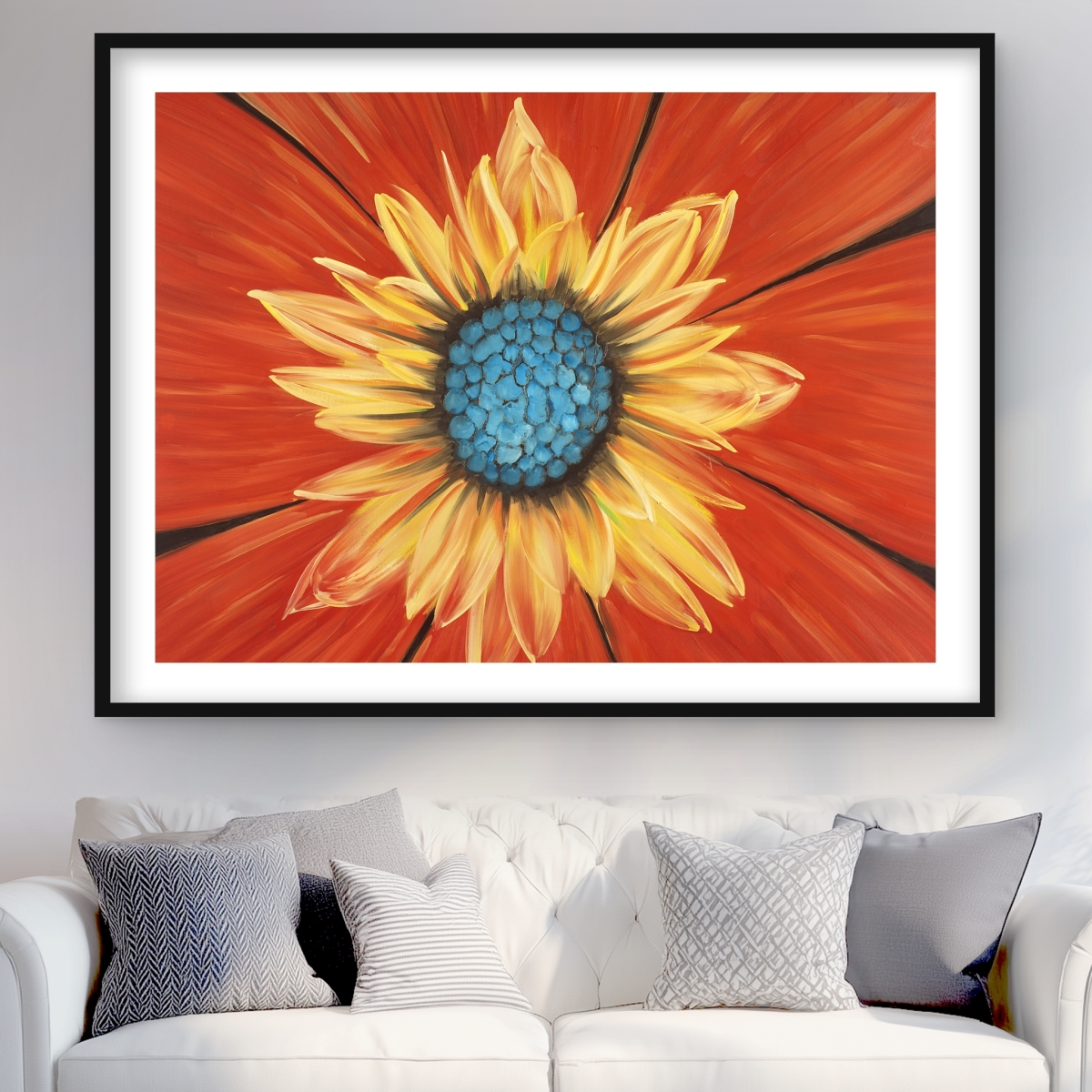 C1FM36486YLAOH 36 x 48 in. Flower Middle - Blue Floral Botanical Framed Print for Decor