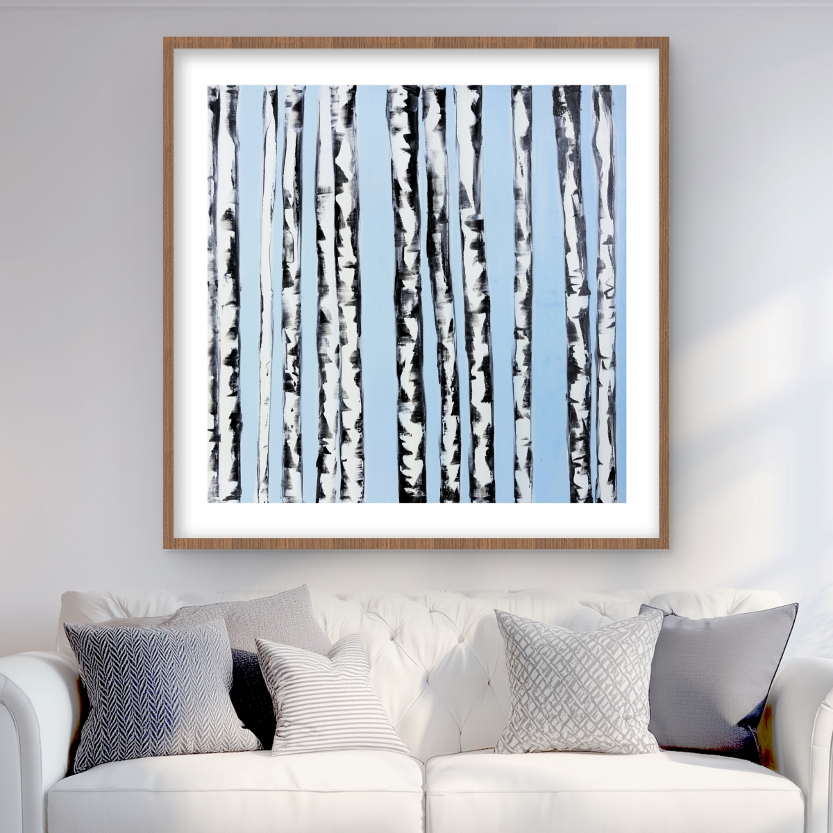 C1FM3636BKWT4F 36 x 36 in. Birches on A Blue Background - Modern Framed Print for Decor