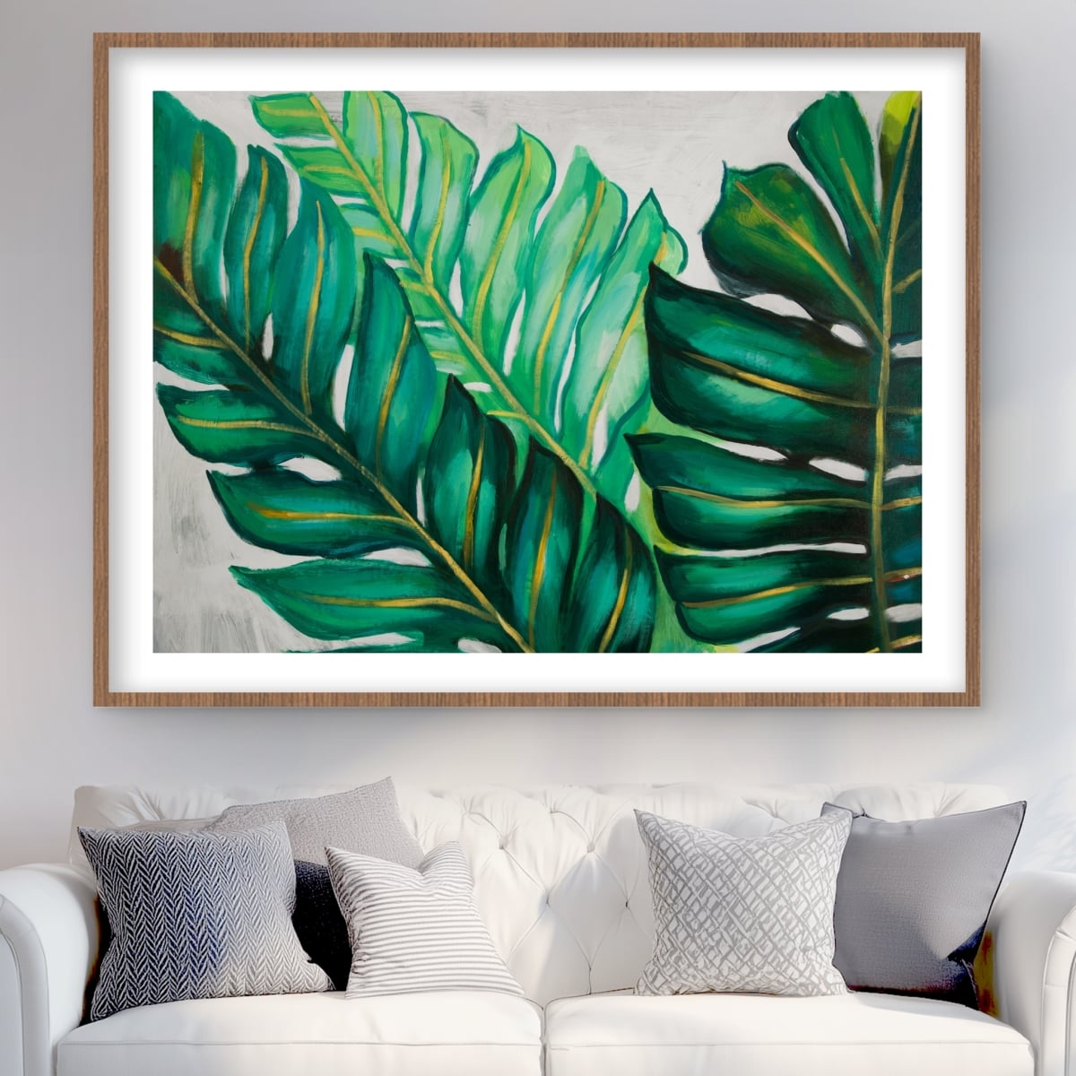 C1FM3648ZHTI9T 36 x 48 in. Three Big Exotic Plant Leaves - Green Bedroom Framed Print