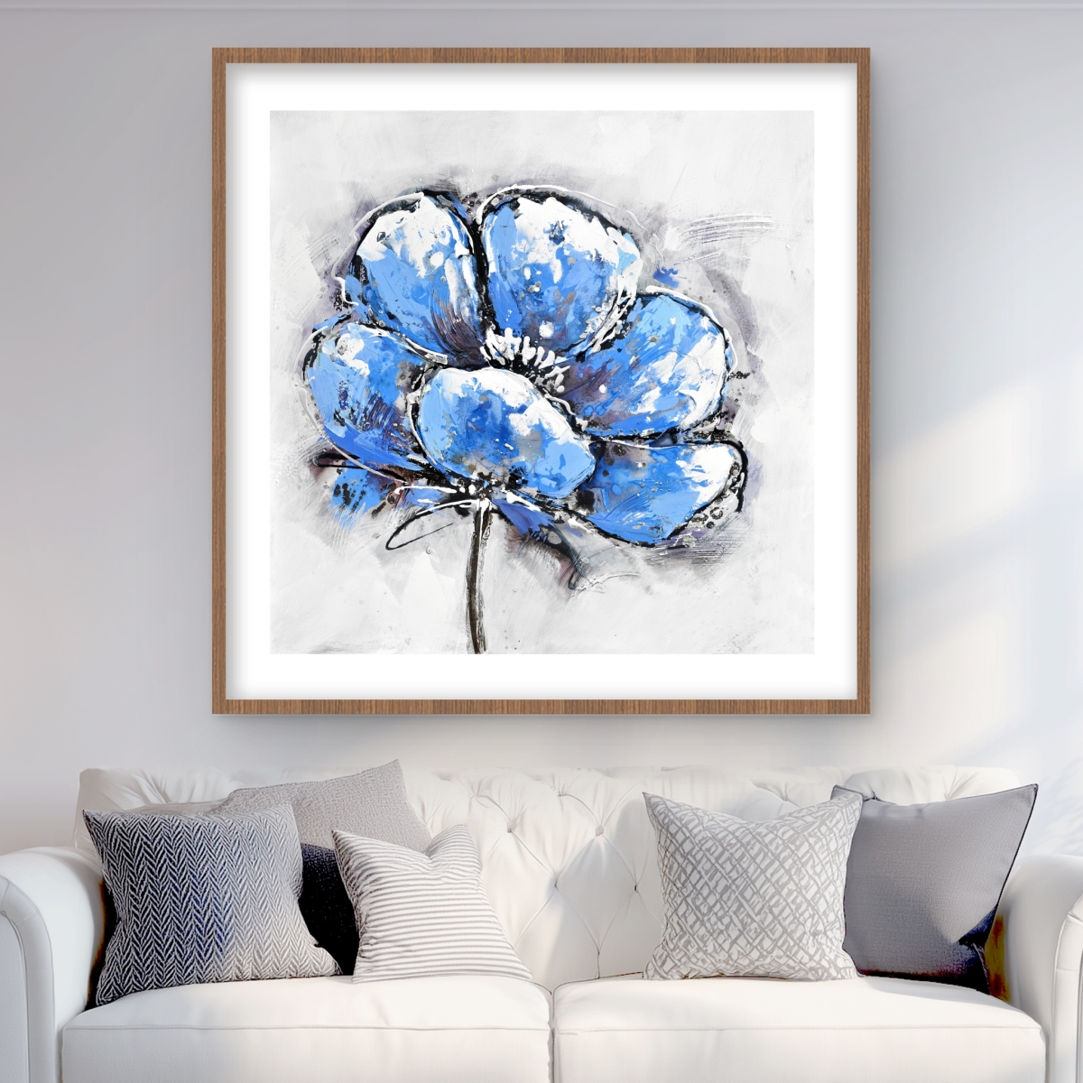 C1FM3636OP6B7F 36 x 36 in. Abstract Blue Petals - Framed Matted Print for Home Decor