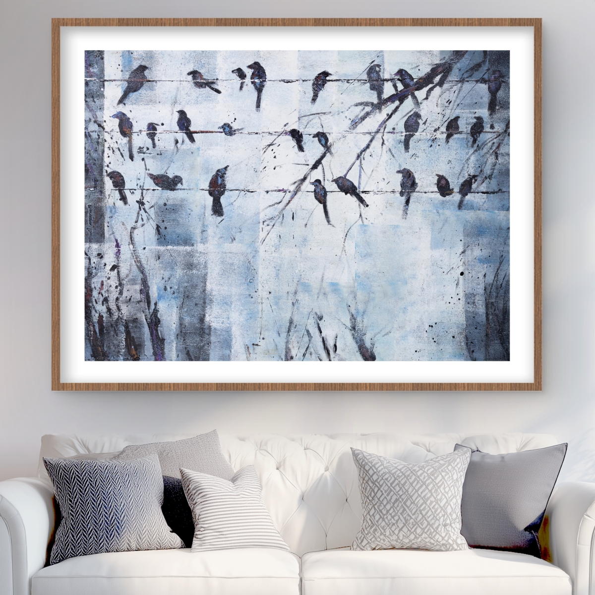 C1FM3648ZUJ5KB 36 x 48 in. Abstract Birds on Electric Wire - Blue Feathers Framed Print