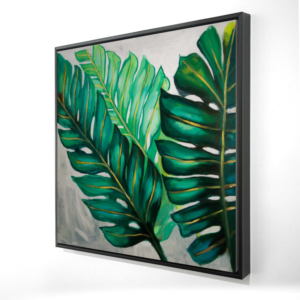 2081-2424-FL255 24 x 24 in. Exotic Green Botanical Canvas - Three Big Plant Leaves Decor