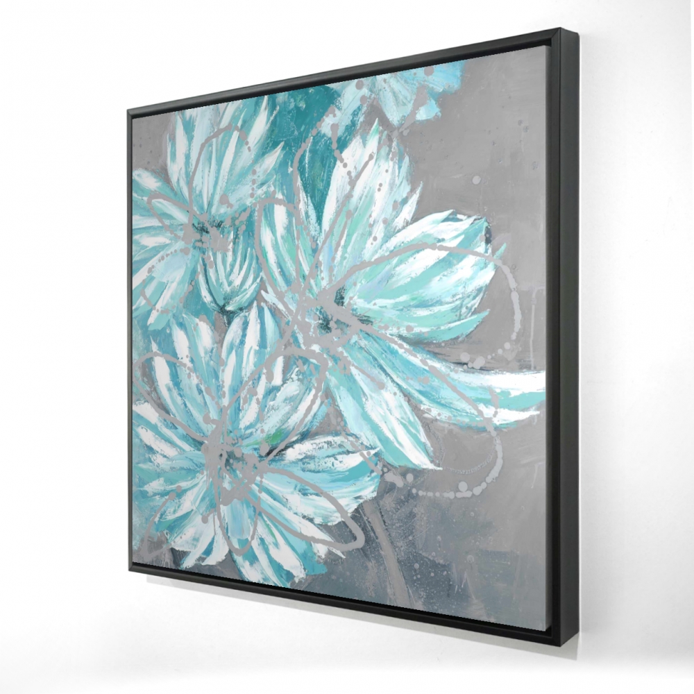 2081-2424-FL152 24 x 24 in. Botanical Blue Framed Canvas - Three Little Abstract Flowers