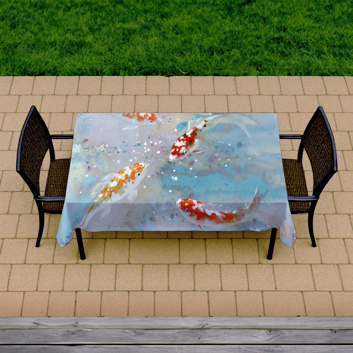 Picture of Begin Home Decor C1TCLRGEOAMDTY 58 x 102 in. Koi Fish Blue Tablecloth - Indoor & Outdoor Asian Home Decor