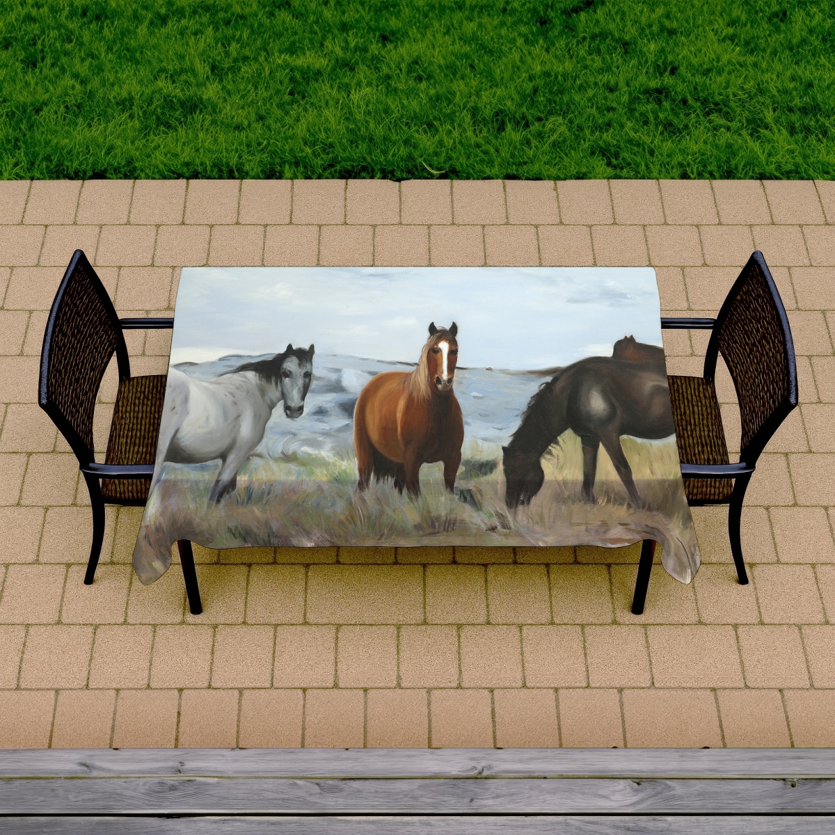 Picture of Begin Home Decor C1TCLRGEXR7K74 58 x 102 in. Blue Animals Tablecloth - Horses Eating in Meadow - Home Decor