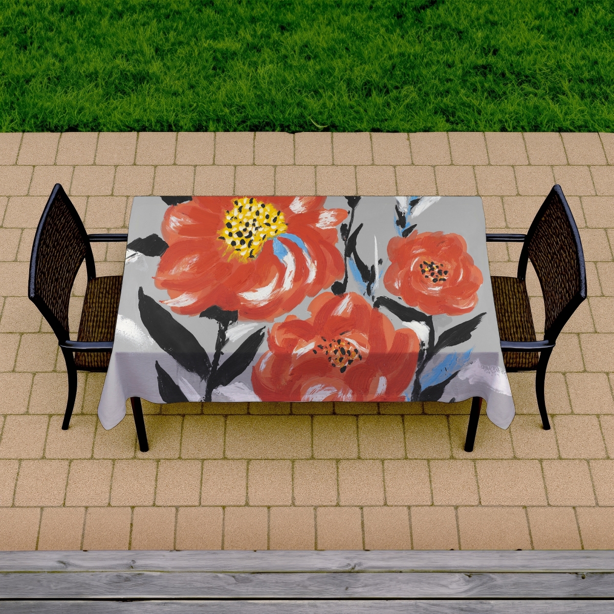 Picture of Begin Home Decor C1TCLRGE2H1WN9 58 x 102 in. Gray Botanical Tablecloth - Pink Flowers & Blue Leaves Decor