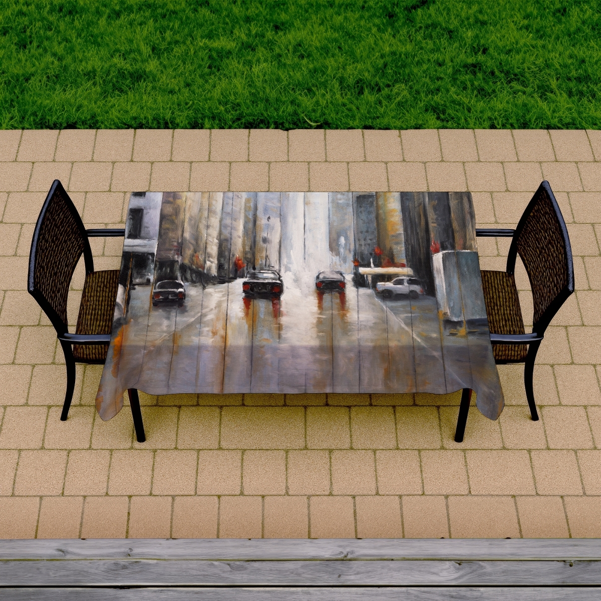 Picture of Begin Home Decor C1TCLRGETHSSFY 58 x 102 in. Industrial Street Cars in Morning Rain Tablecloth - Indoor & Outdoor