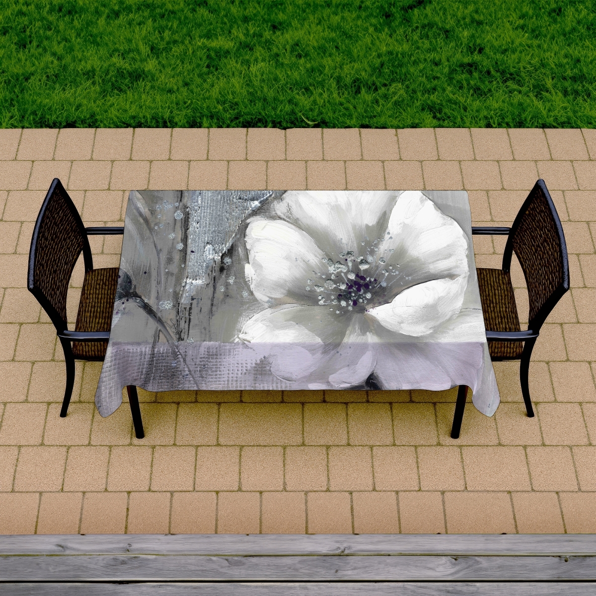 Picture of Begin Home Decor C1TCLRGEY6ERGW 58 x 102 in. Botanical White Tablecloth - Monochrome Silver Flowers Decor