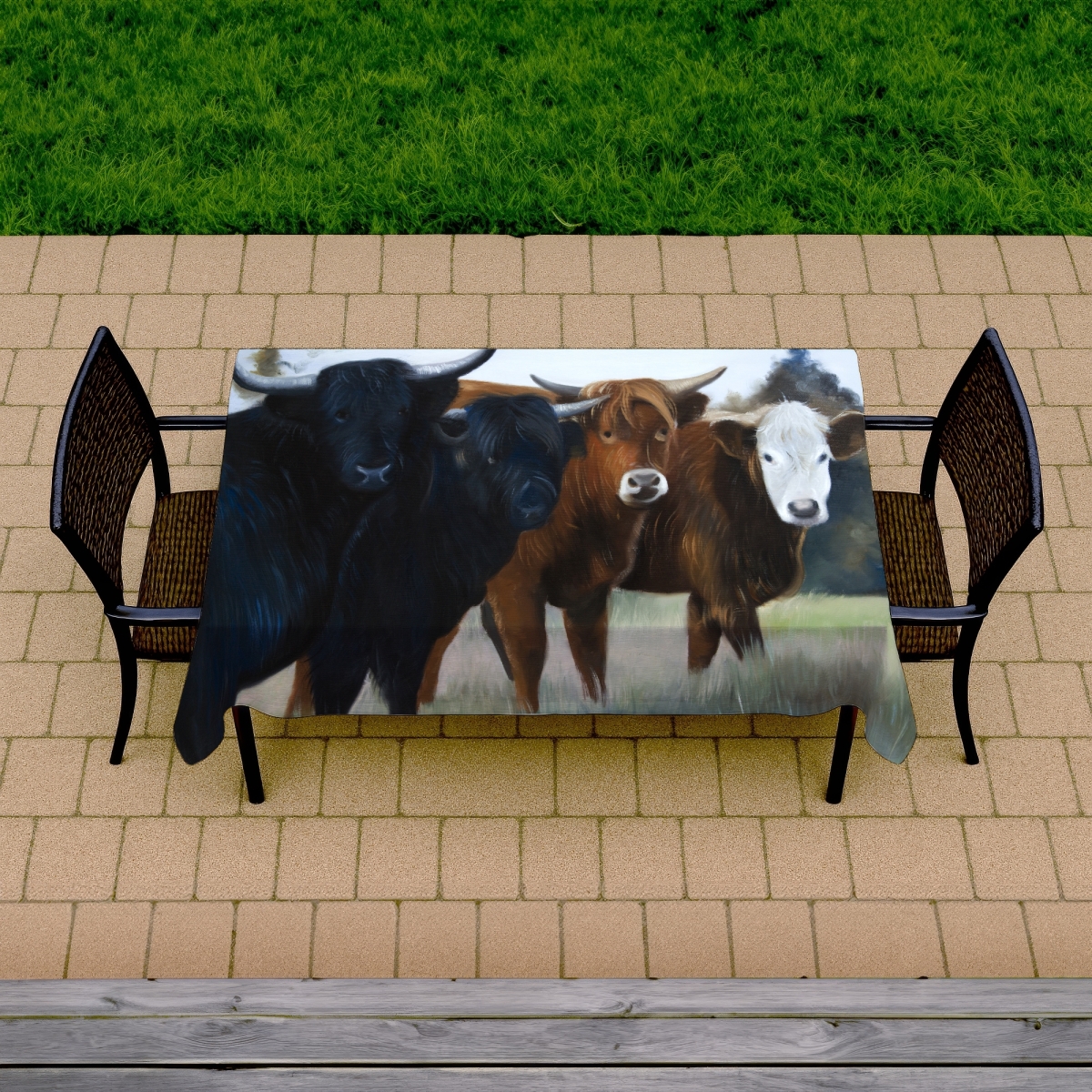 Picture of Begin Home Decor C1TCLRGEXZDAMY 58 x 102 in. Brown Farm Animals Tablecloth - Four Highland Cows Decor