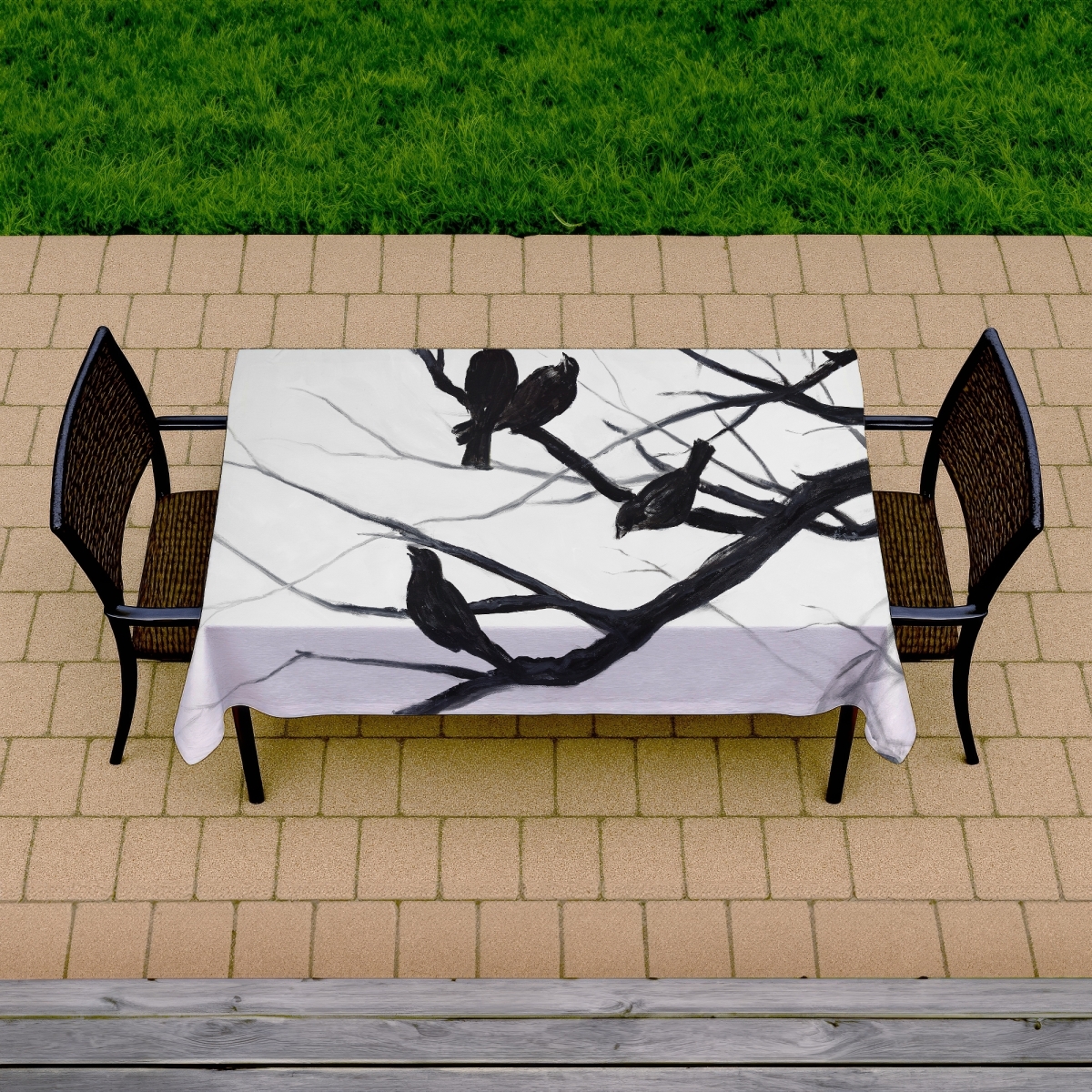 Picture of Begin Home Decor C1TCLRGEOAW6PT 58 x 102 in. White Monochrome Tablecloth - Birds & Branches Silhouette Decor
