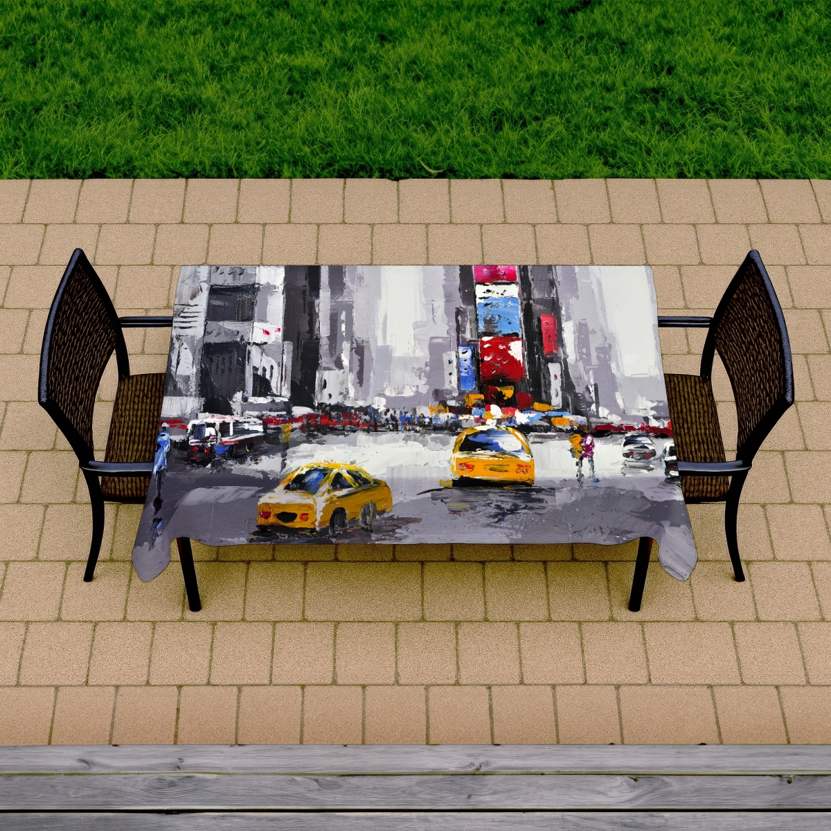 Picture of Begin Home Decor C1TCLRGELGYCAV 58 x 102 in. Blue Contemporary Tablecloth - Abstract Street with Yellow Taxis