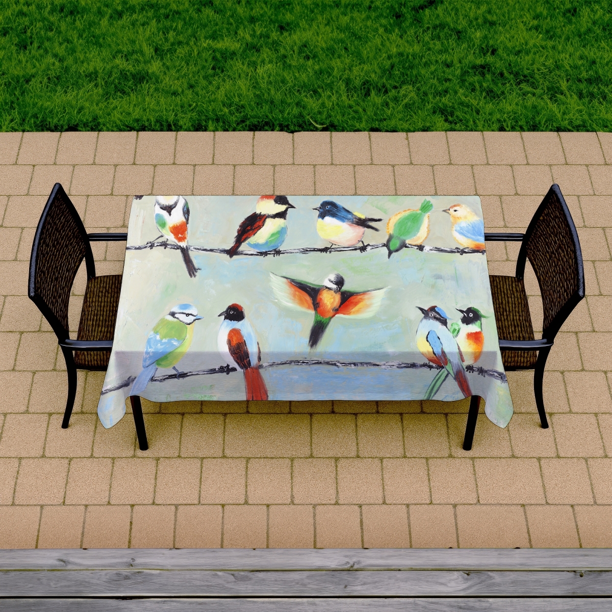 Picture of Begin Home Decor C1TCLRGESYC010 58 x 102 in. Small Abstract Colorful Birds Green Tablecloth - Indoor & Outdoor