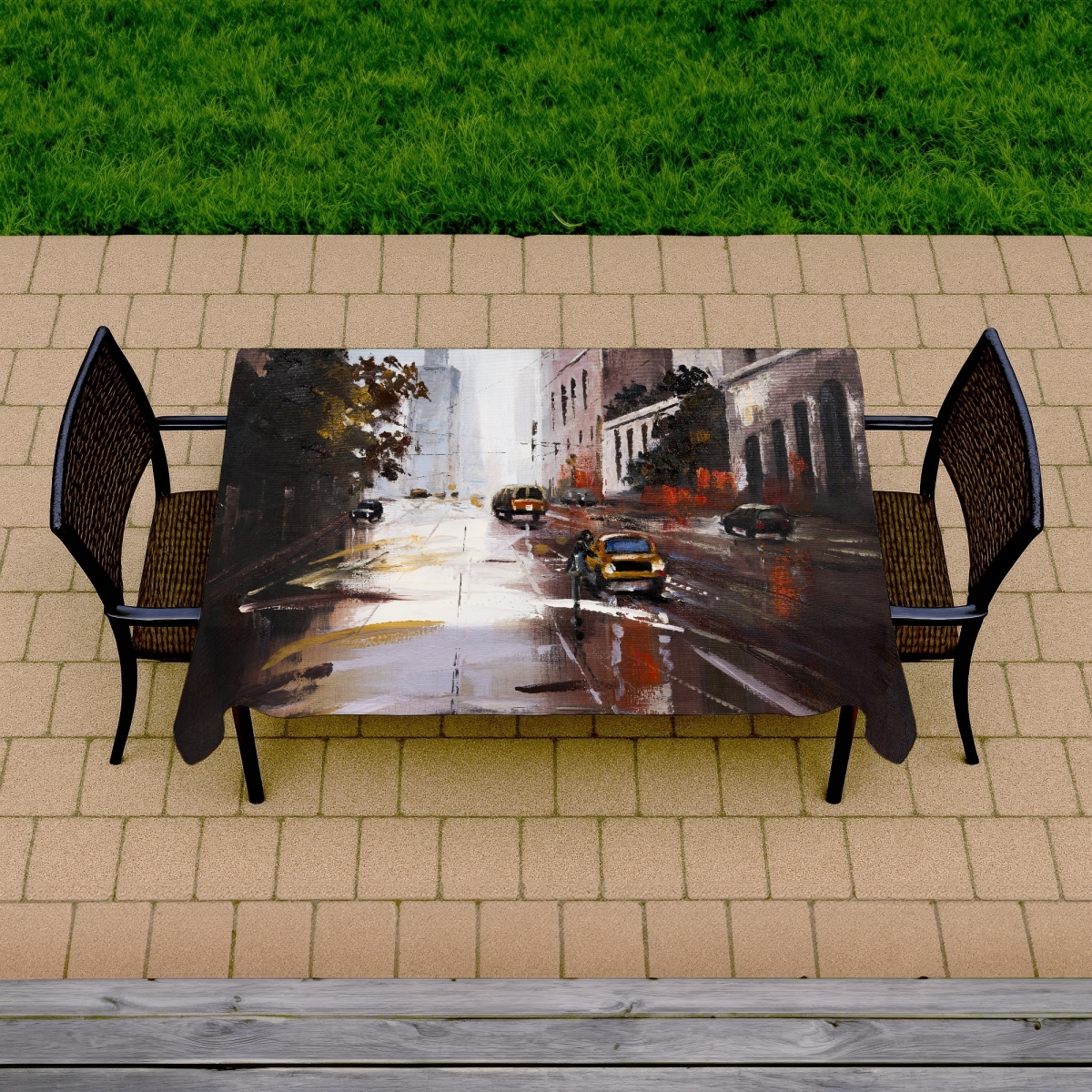 Picture of Begin Home Decor C1TCLRGEU5NTN4 58 x 102 in. Contemporary Brown Cities Tablecloth - Morning Street Scene