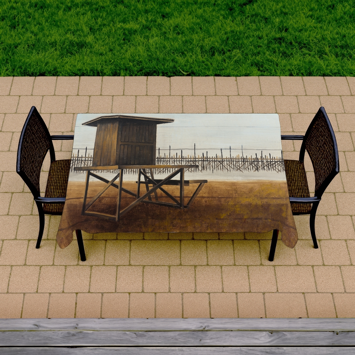 Picture of Begin Home Decor C1TCLRGEPL3GMY 58 x 102 in. Port Beach Lifeguard Tower Tablecloth - Coastal Decor