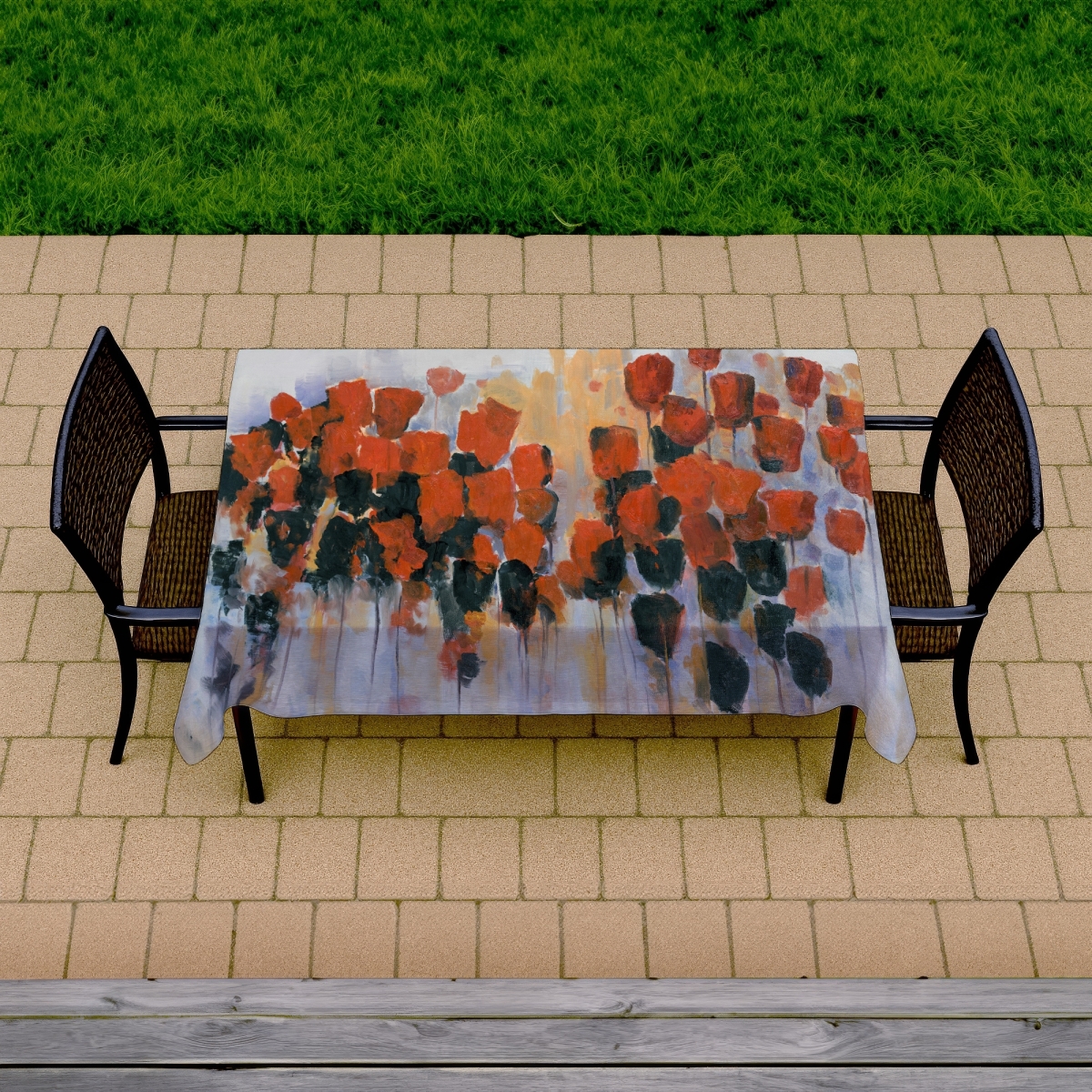 Picture of Begin Home Decor C1TCLRGEVQPHTF 58 x 102 in. Contemporary Yellow Tablecloth - Red Flowers Field Design