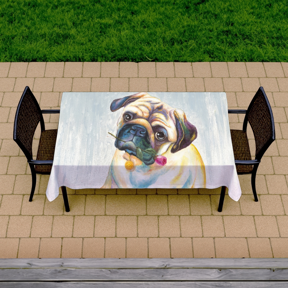 Picture of Begin Home Decor C1TCLRGEXISPJ1 58 x 102 in. Cute Pug Tablecloth - Indoor & Outdoor Pet Decor - Home Bedroom
