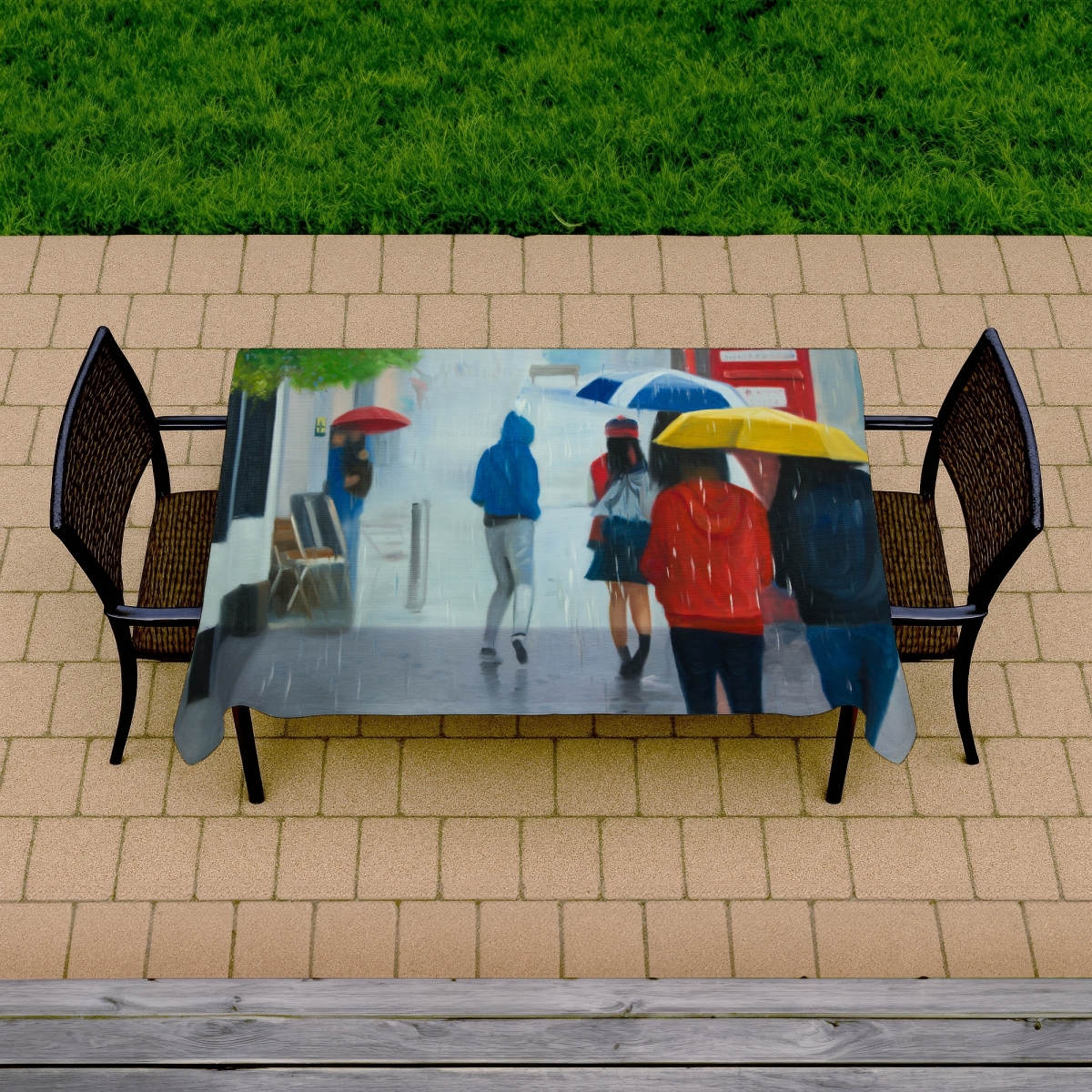 Picture of Begin Home Decor C1TCLRGEUEEVE8 58 x 102 in. Rainy Day Umbrella Scene Tablecloth - Indoor & Outdoor Decor