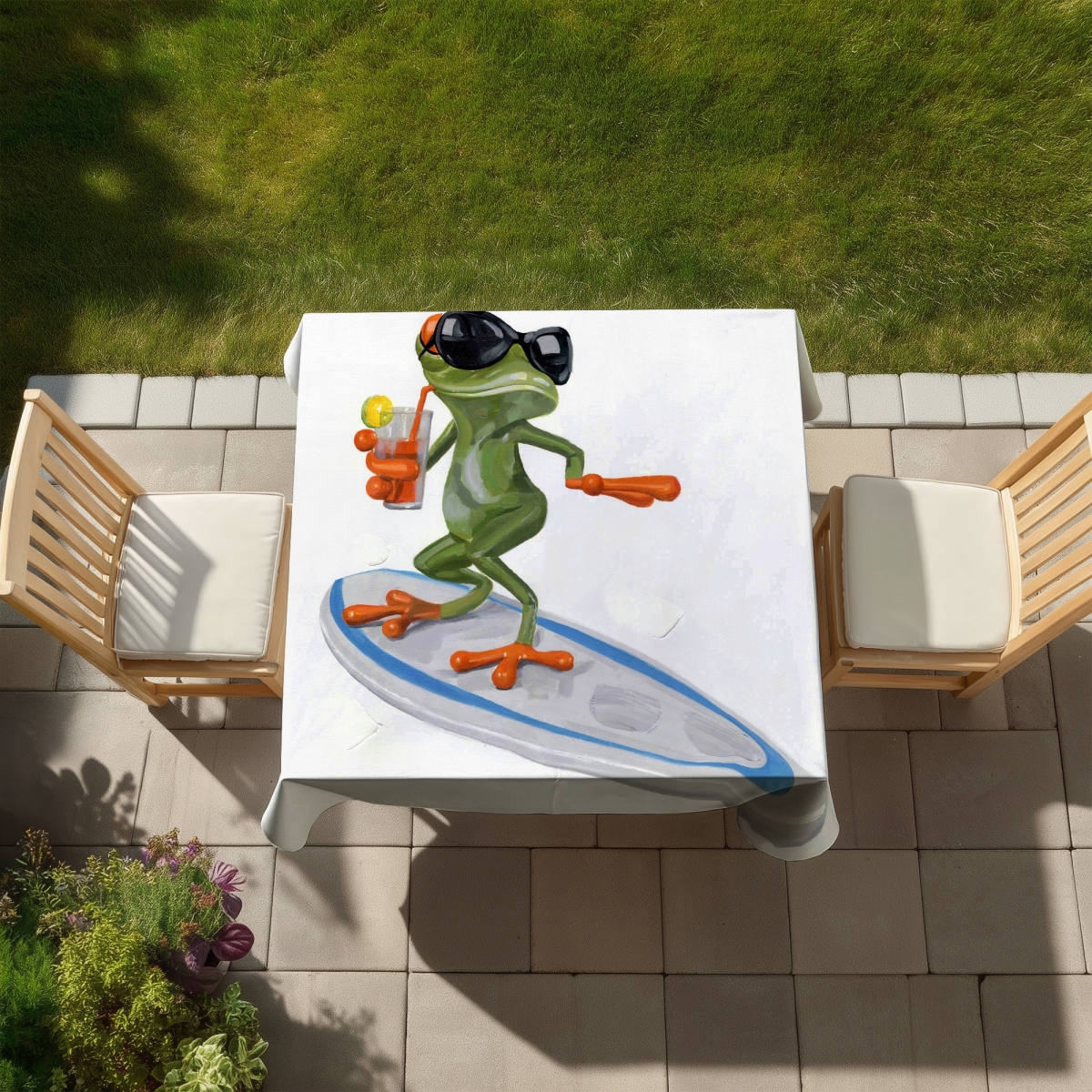 Picture of Begin Home Decor C1TC5858Q3BAO6 58 x 58 in. Funny Frog Surfing Tablecloth - Indoor & Outdoor Home Decor