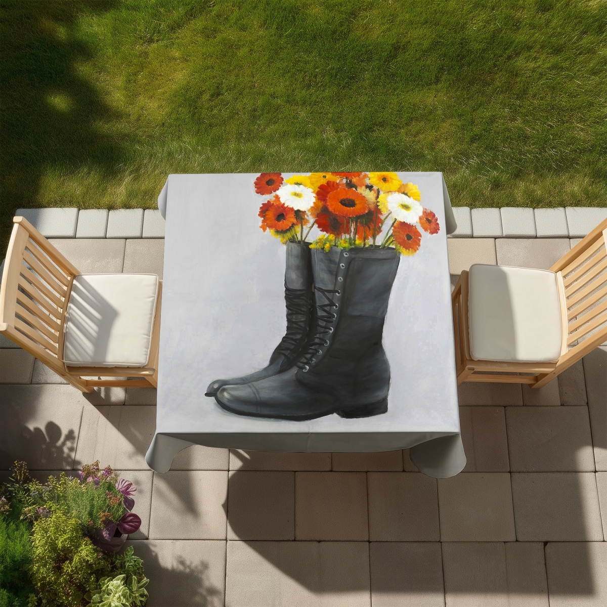Picture of Begin Home Decor C1TC5858W4883J 58 x 58 in. Rustic Gray Tablecloth - Boots Full of Flowers Decor