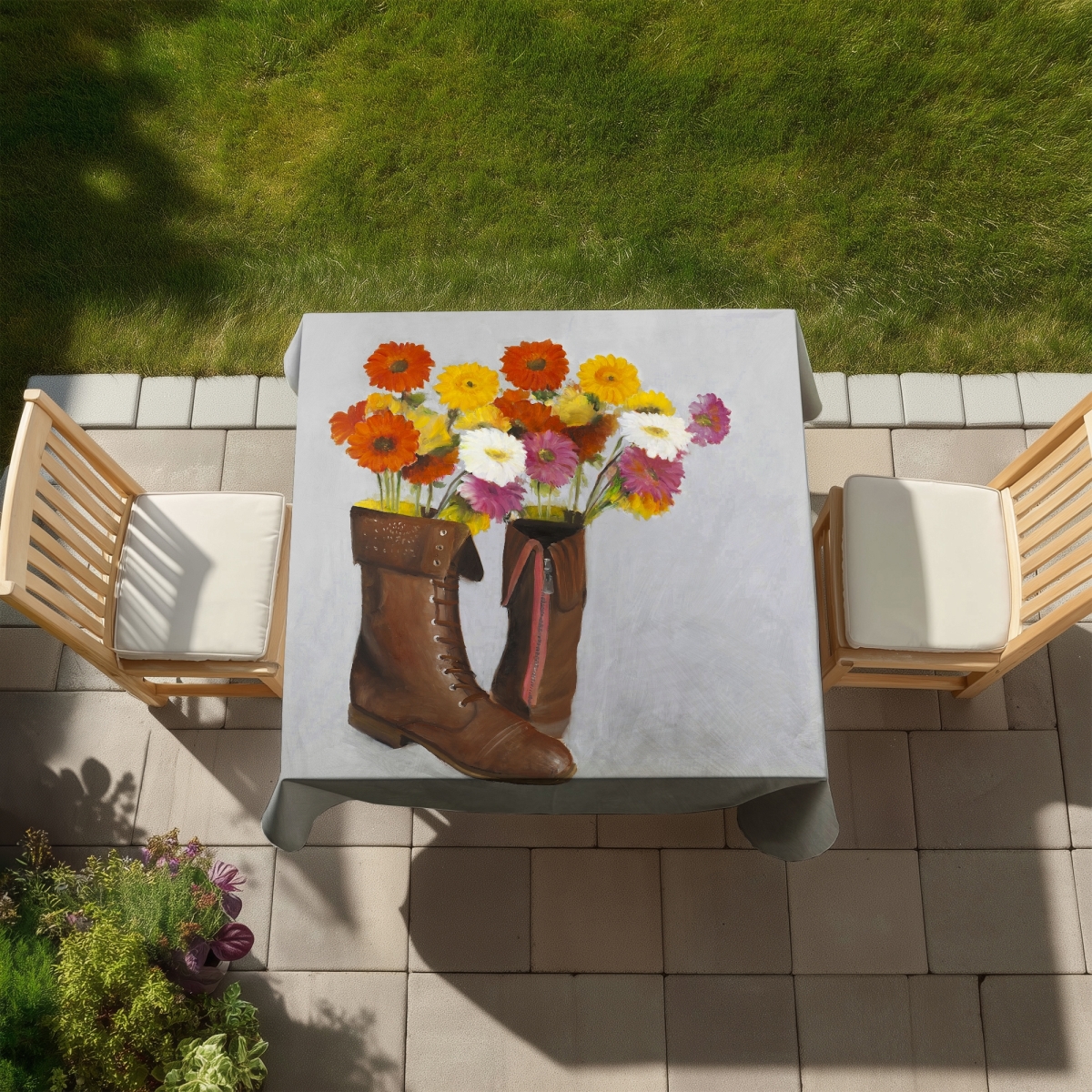 Picture of Begin Home Decor C1TC5858LDNHIE 58 x 58 in. Boots with Daisies Flowers Tablecloth - Floral Brown Decor