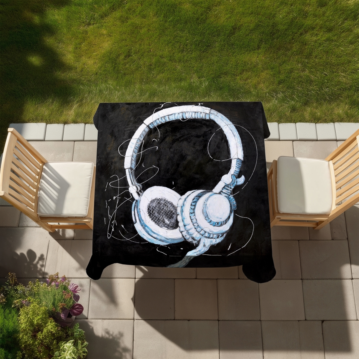 Picture of Begin Home Decor C1TC5858PTHXB7 58 x 58 in. Headphones Tablecloth - Blue Hobbies Bedroom Indoor & Outdoor Decor