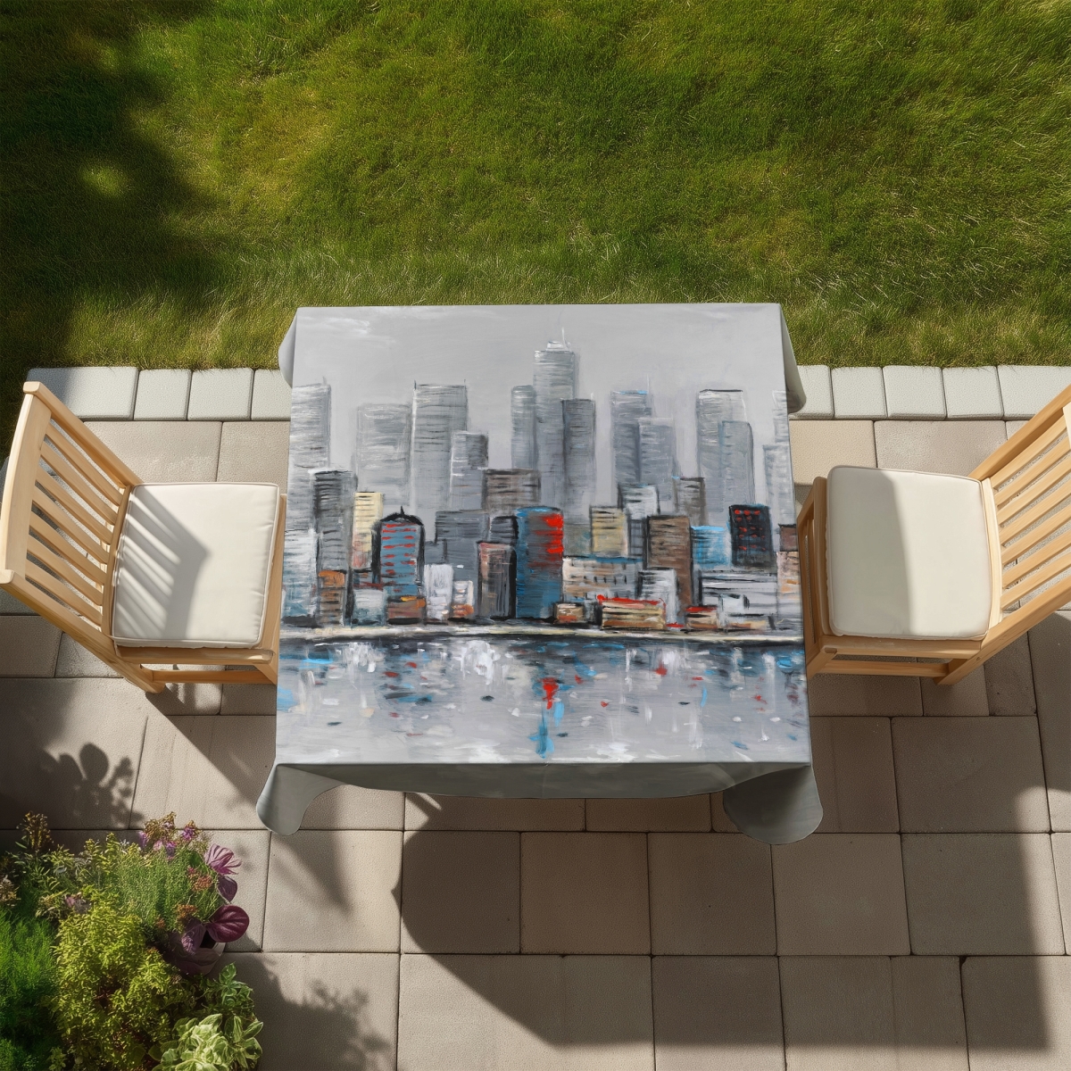 Picture of Begin Home Decor C1TC5858A5WDVJ 58 x 58 in. Abstract City Skyline Tablecloth - Indoor & Outdoor Home Decor