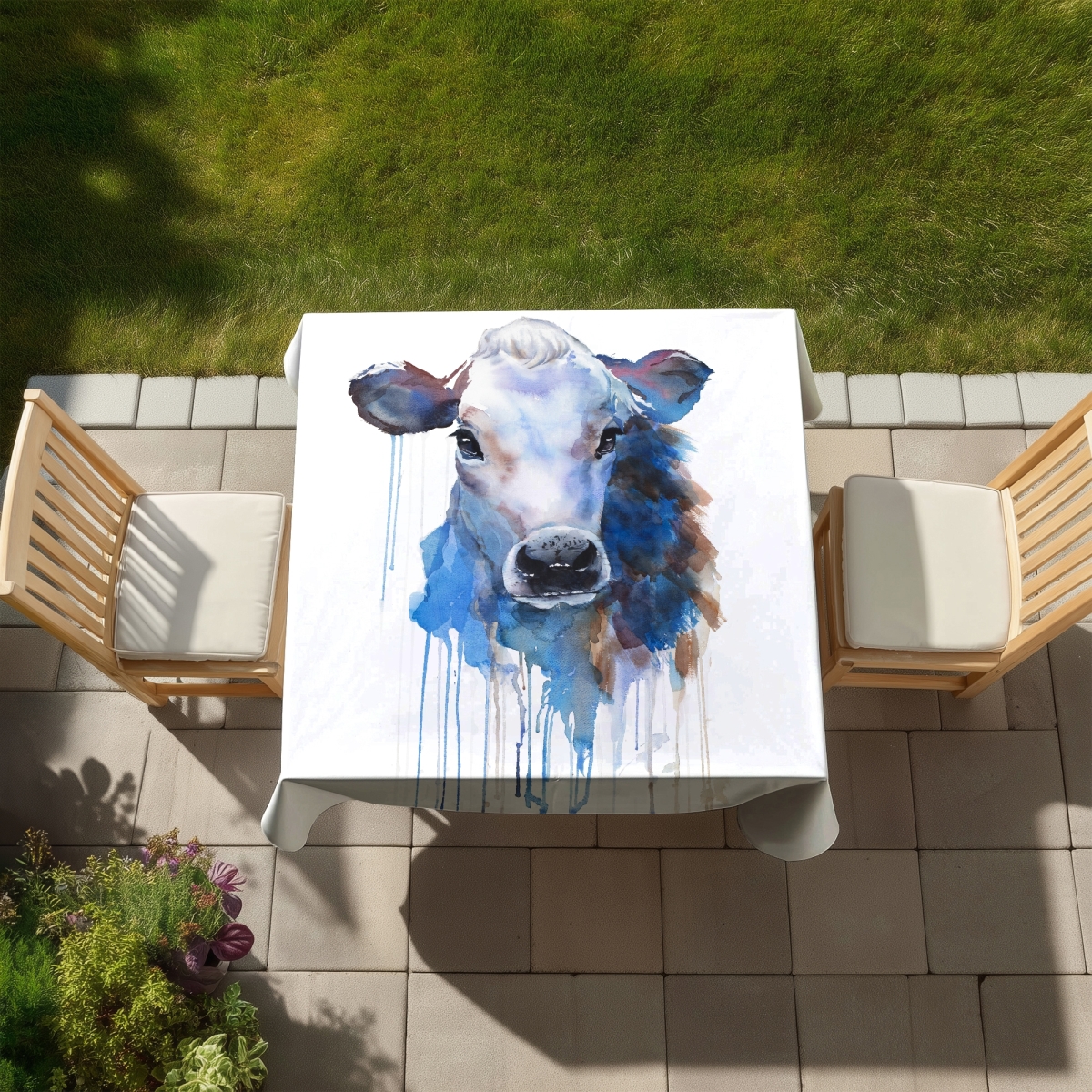 Picture of Begin Home Decor C1TC58583WYE3A 58 x 58 in. Blue Watercolor Jersey Cow Tablecloth - Indoor & Outdoor Decor