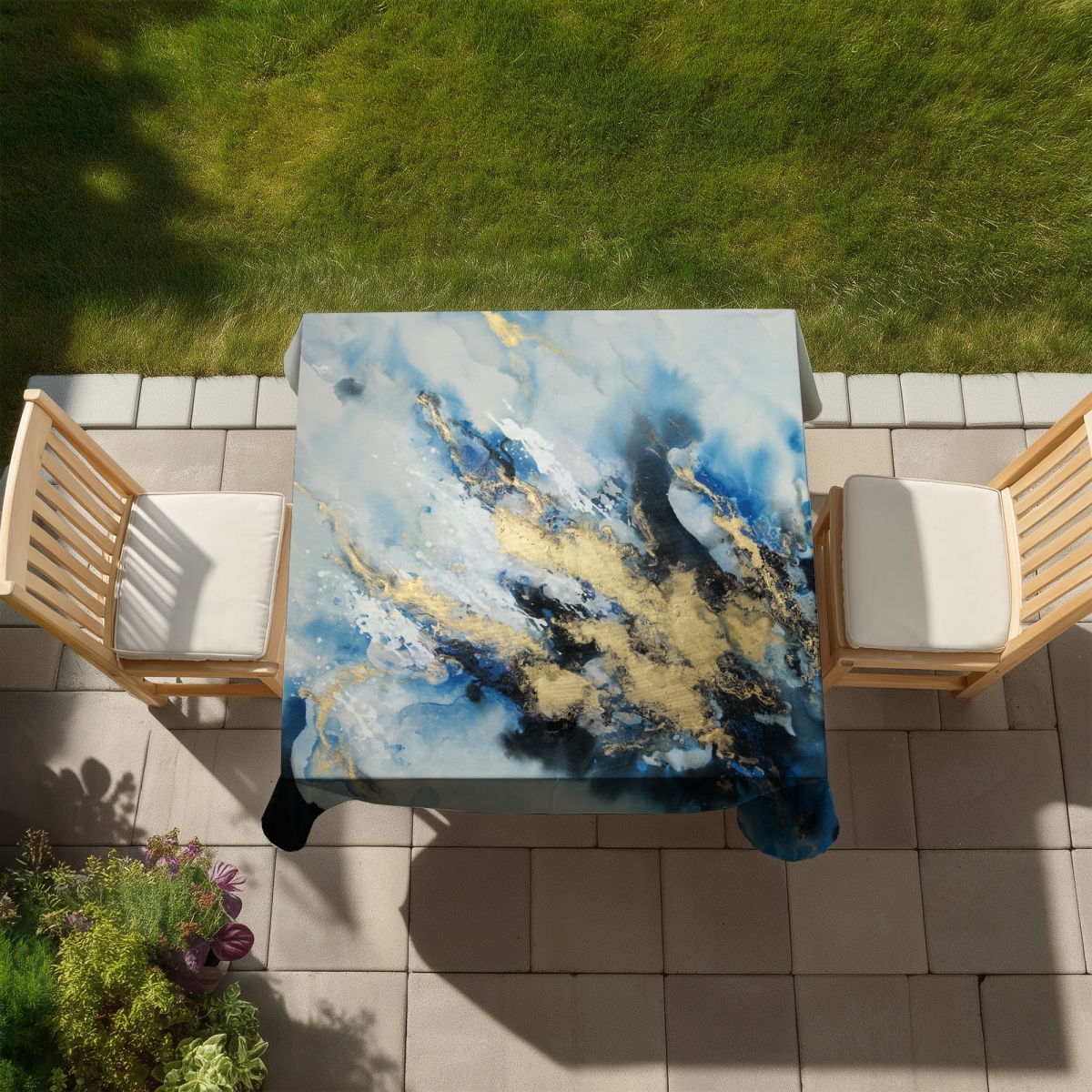 Picture of Begin Home Decor C1TC5858LWTVZE 58 x 58 in. Blue Marble Modern Abstract Tablecloth - Indoor & Outdoor Decor