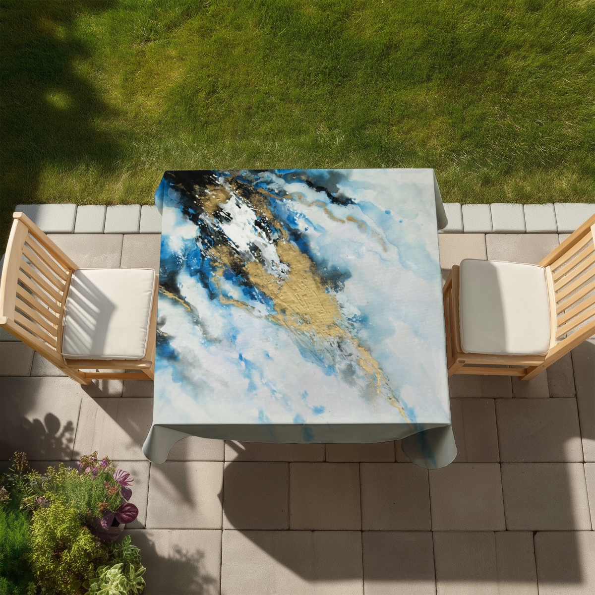 Picture of Begin Home Decor C1TC5858T8MB8C 58 x 58 in. Shapes Abstract Blue Tablecloth - Blue & Gold Marble Decor
